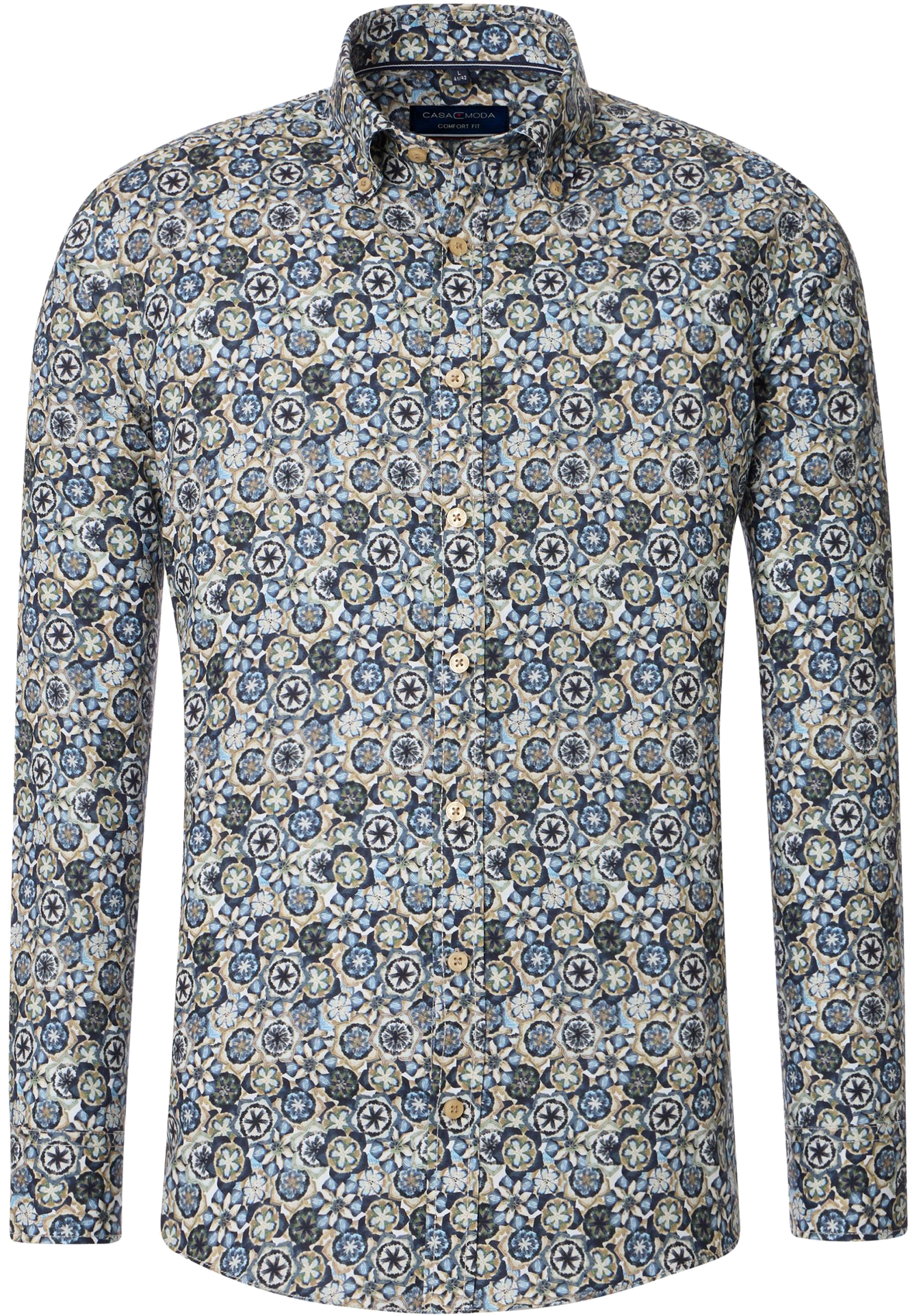 CASA MODA Sport comfort fit overhemd, twill, blauw met wit, groen en beige dessin