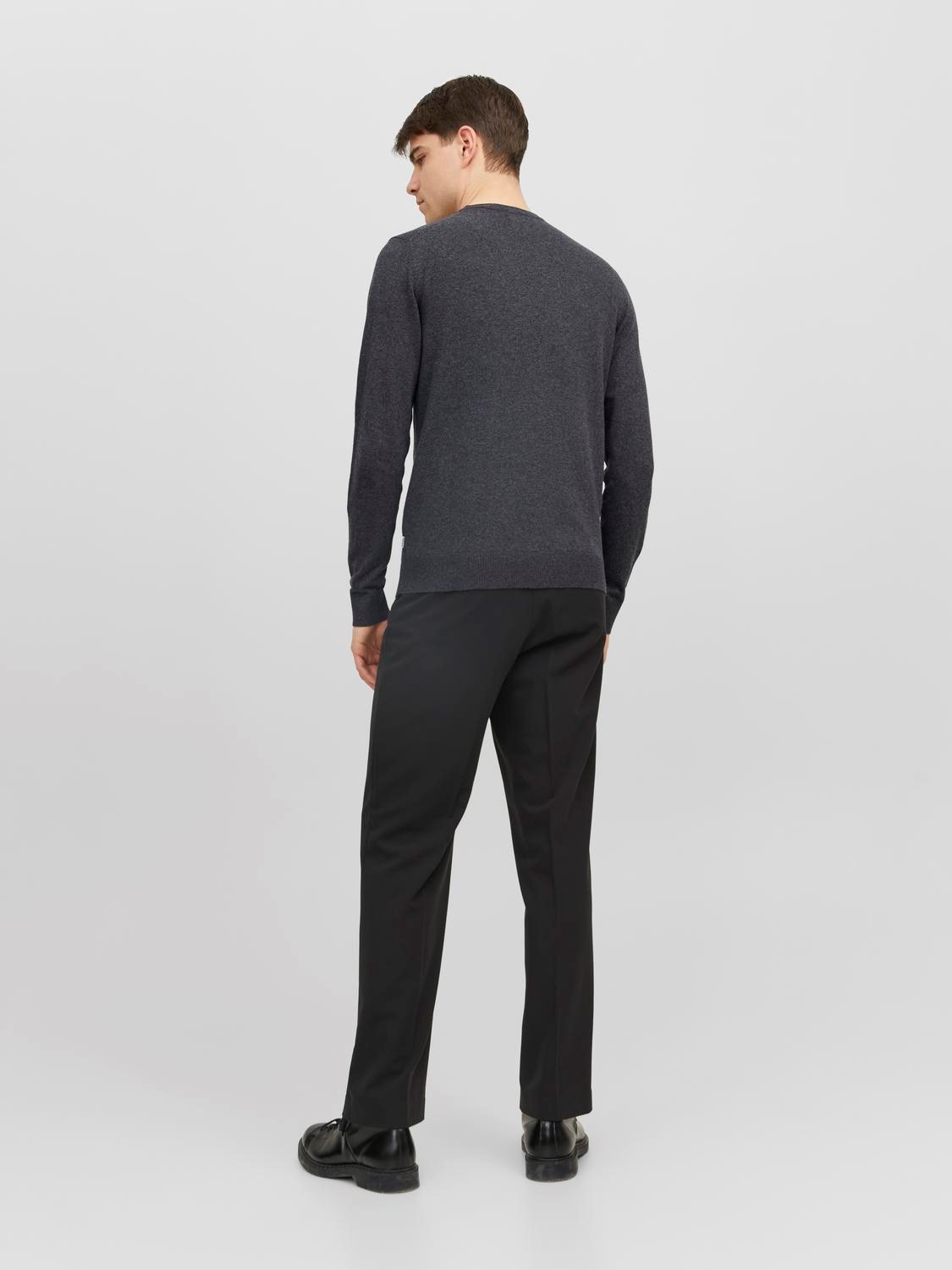 JACK & JONES Emil knit crew neck slim fit, heren pullover viscosemengsel met O-hals, donkergrijs melange
