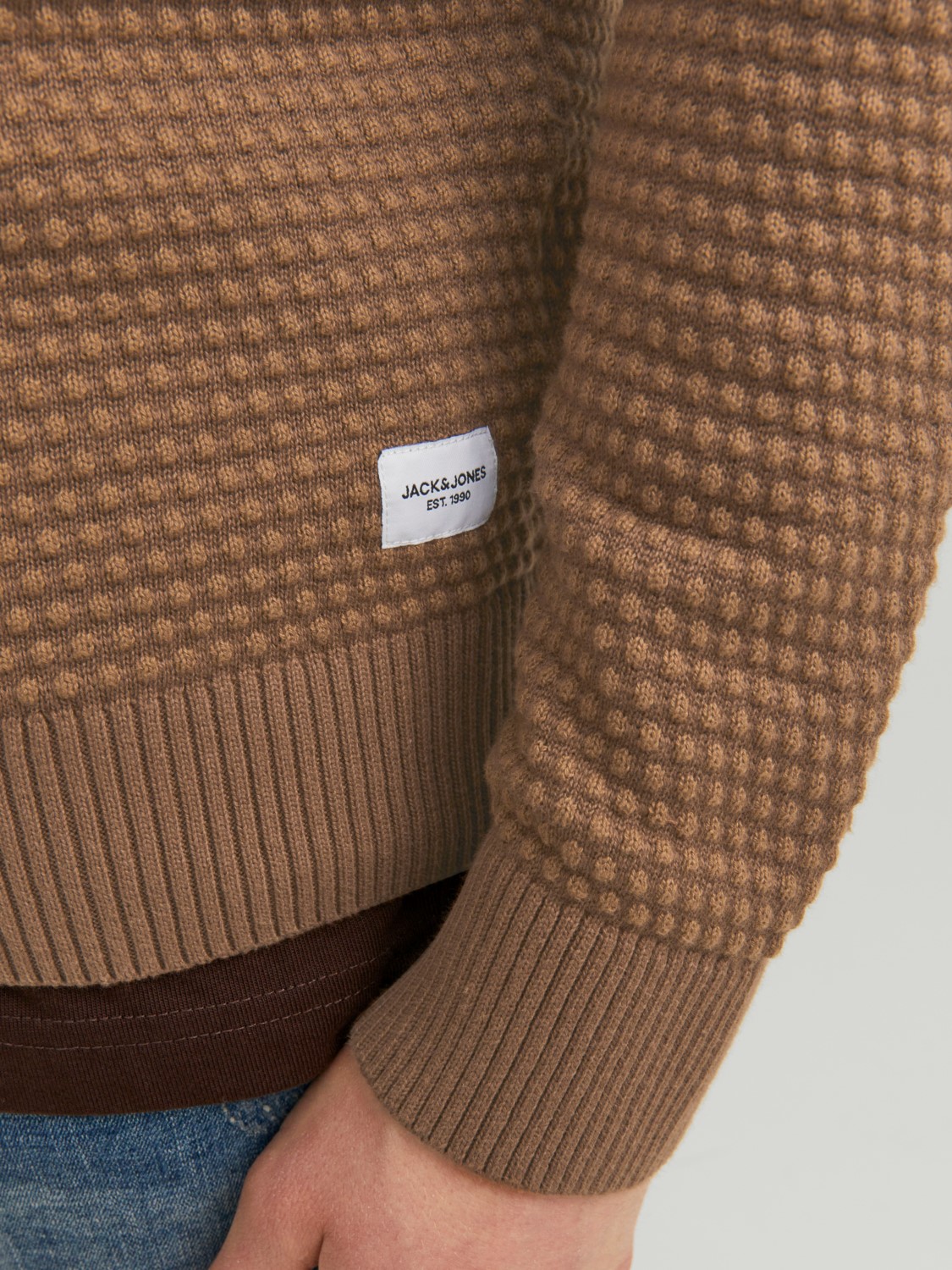 JACK & JONES Atlas knit crew neck slim fit, heren pullover katoen met O-hals, camel bruin melange