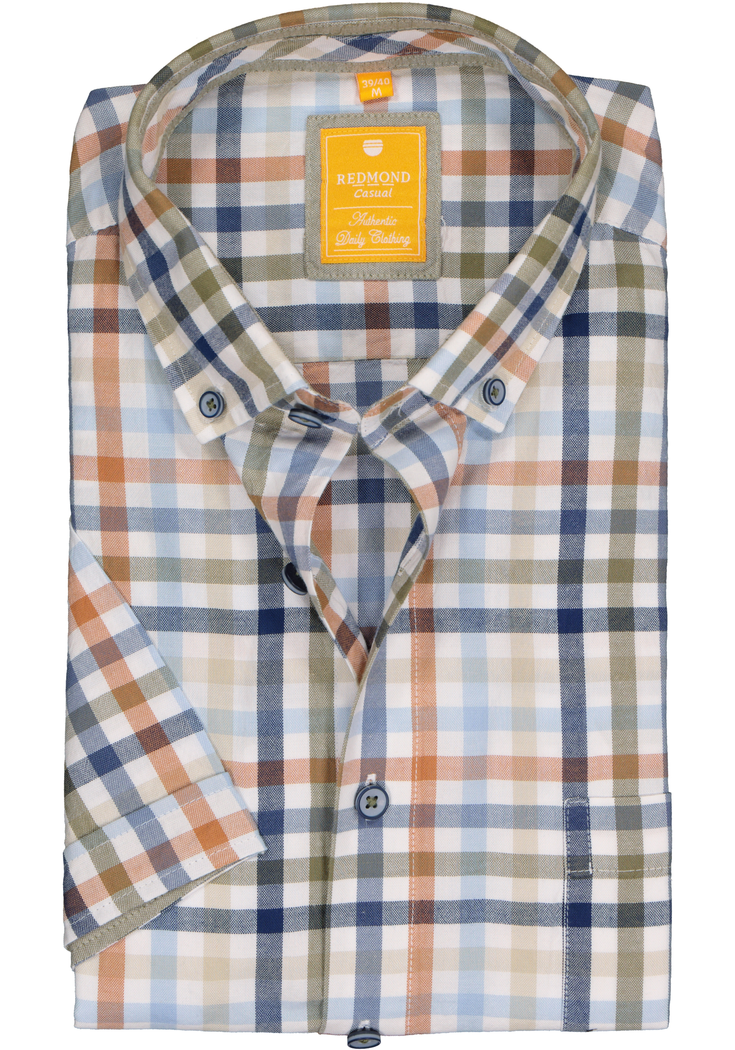 Redmond modern fit overhemd, korte mouw, popeline, bruin geruit