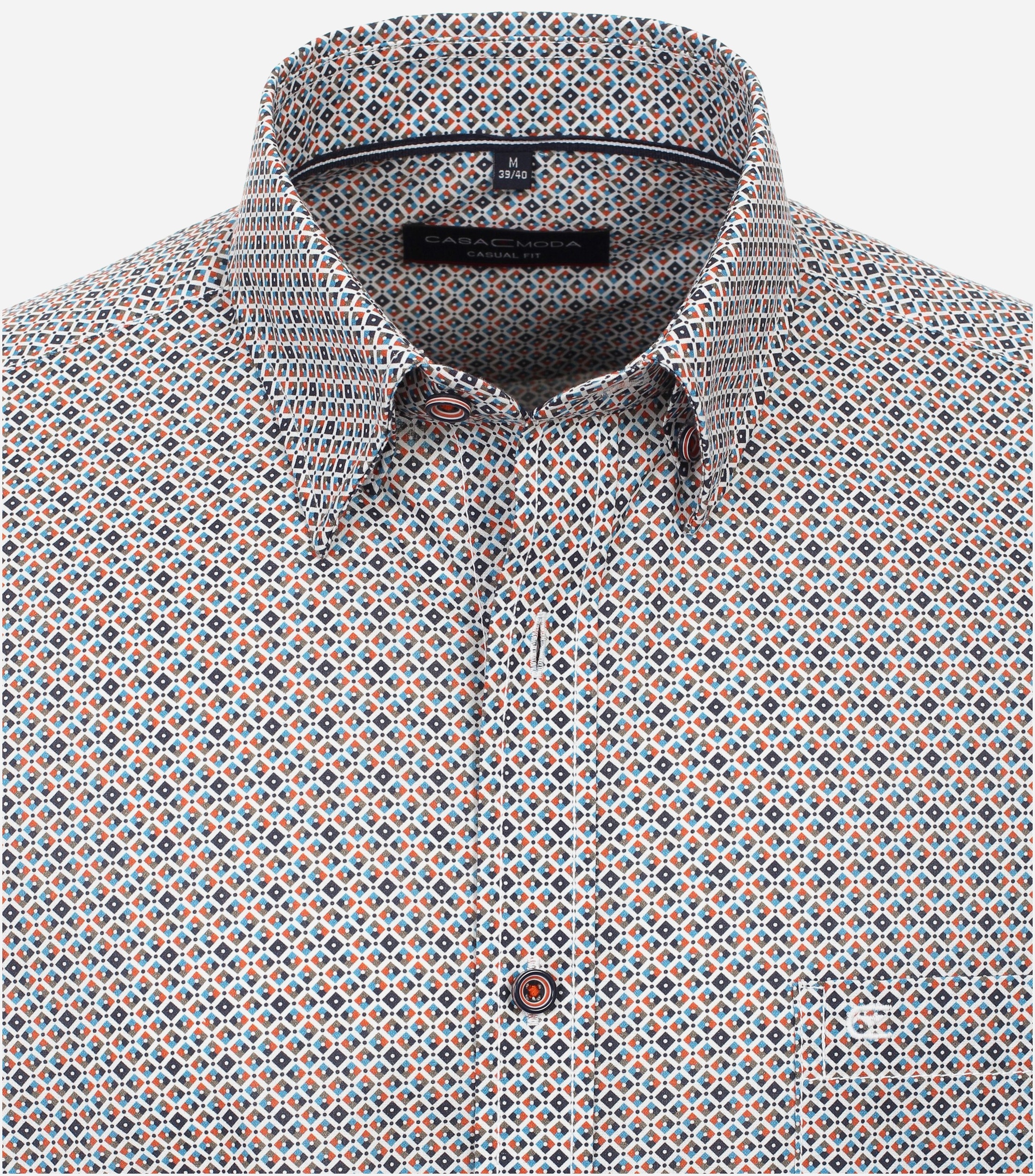 CASA MODA Sport casual fit overhemd, mouwlengte 72 cm, popeline, blauw met wit en oranje dessin