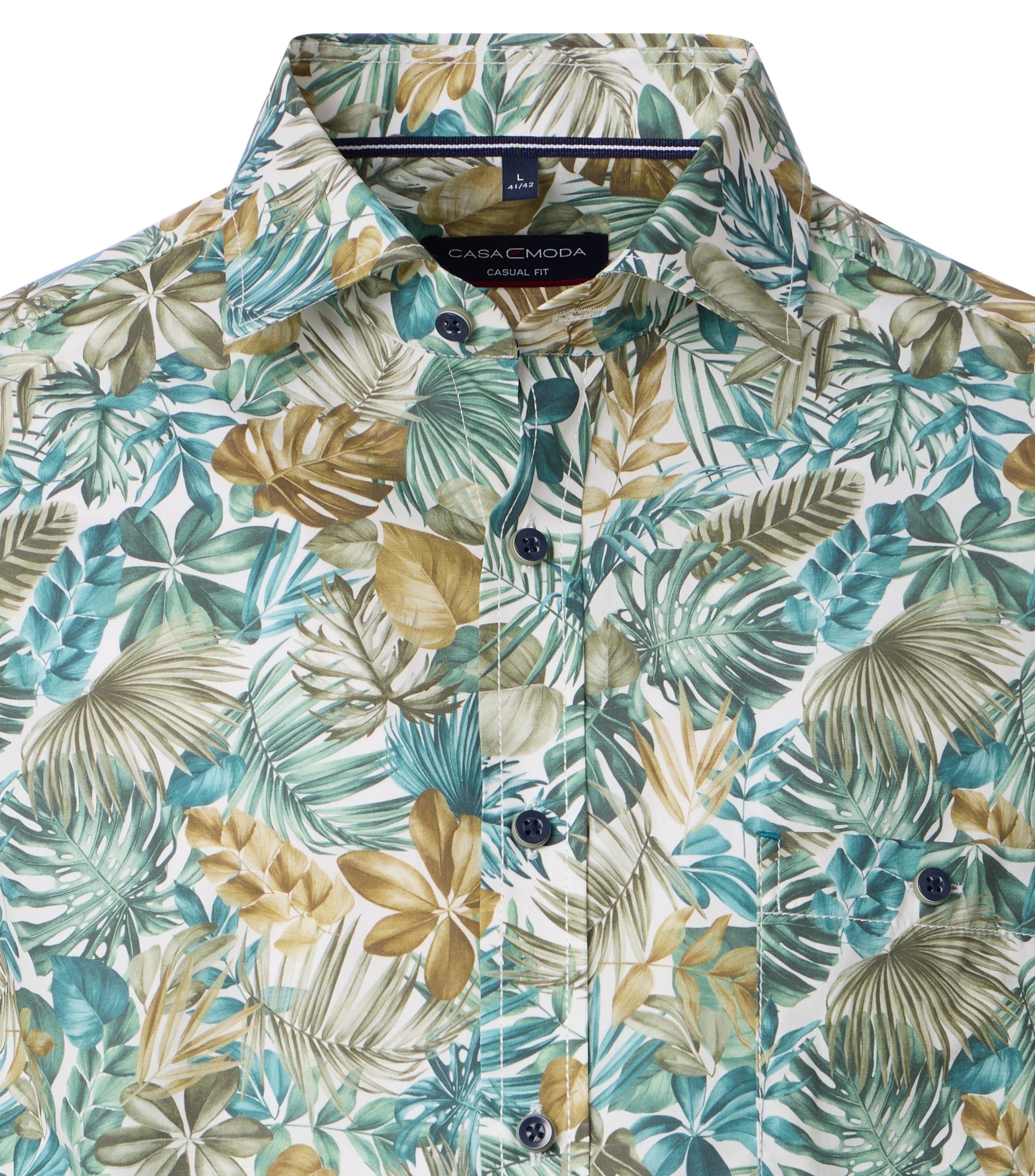 CASA MODA Sport casual fit overhemd, popeline, wit met groen en aqua bladeren dessin