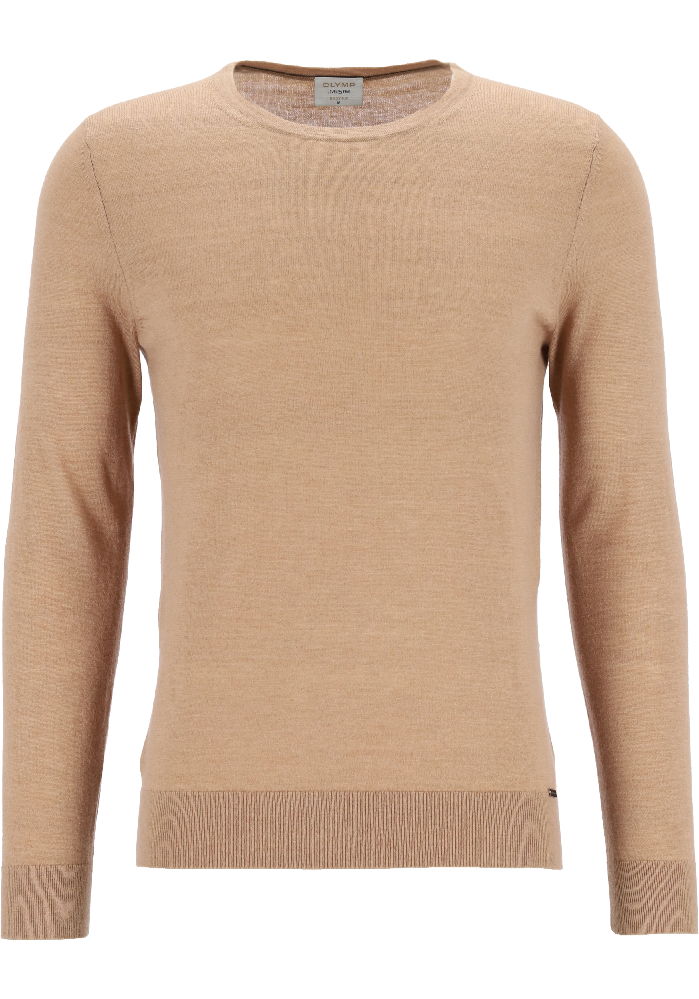 OLYMP Level 5 body fit trui wol met zijde, O-hals, camel