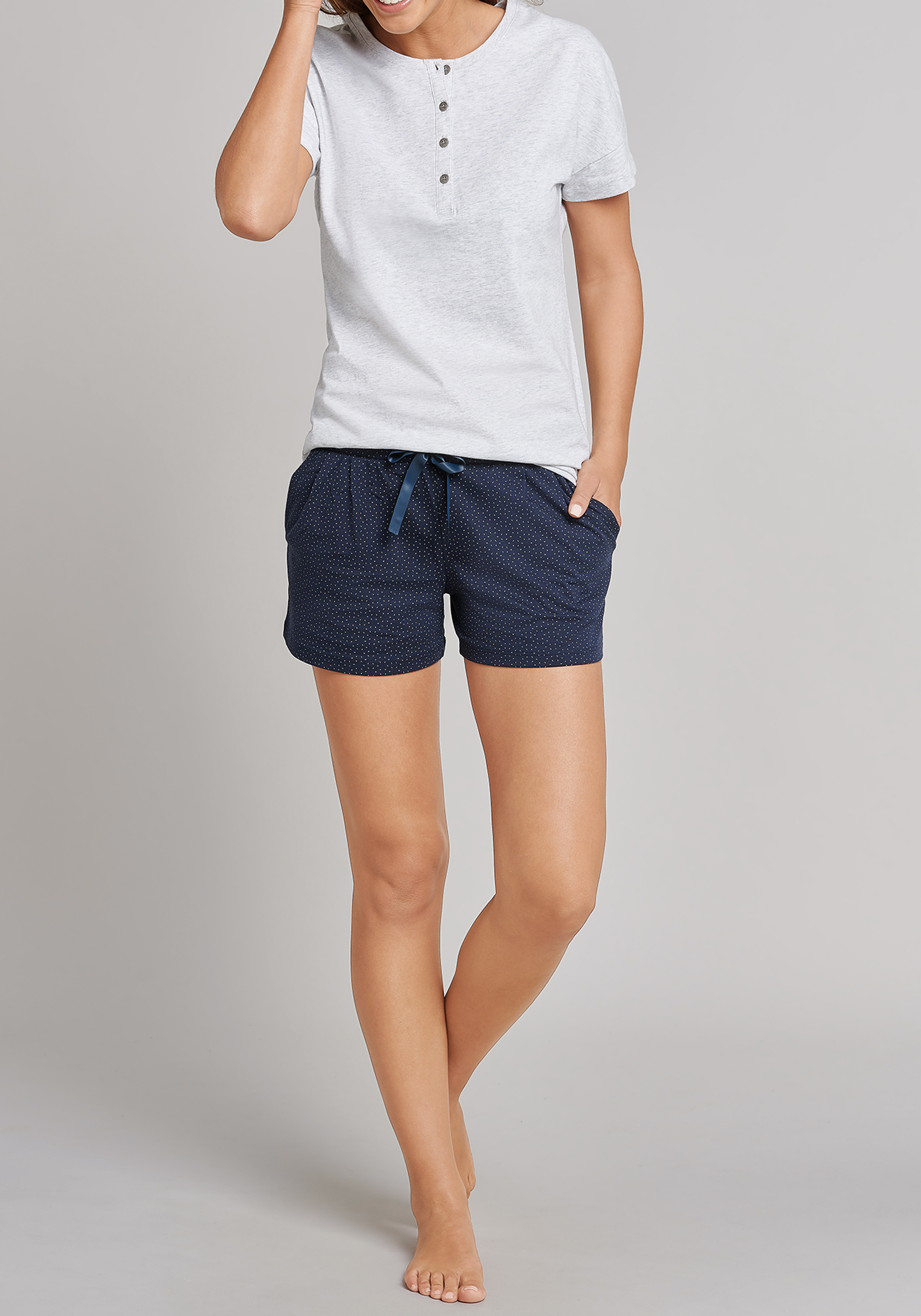 SCHIESSER dames Mix+Relax lounge broek, korte pijpen, dun, donkerblauw mini dessin
