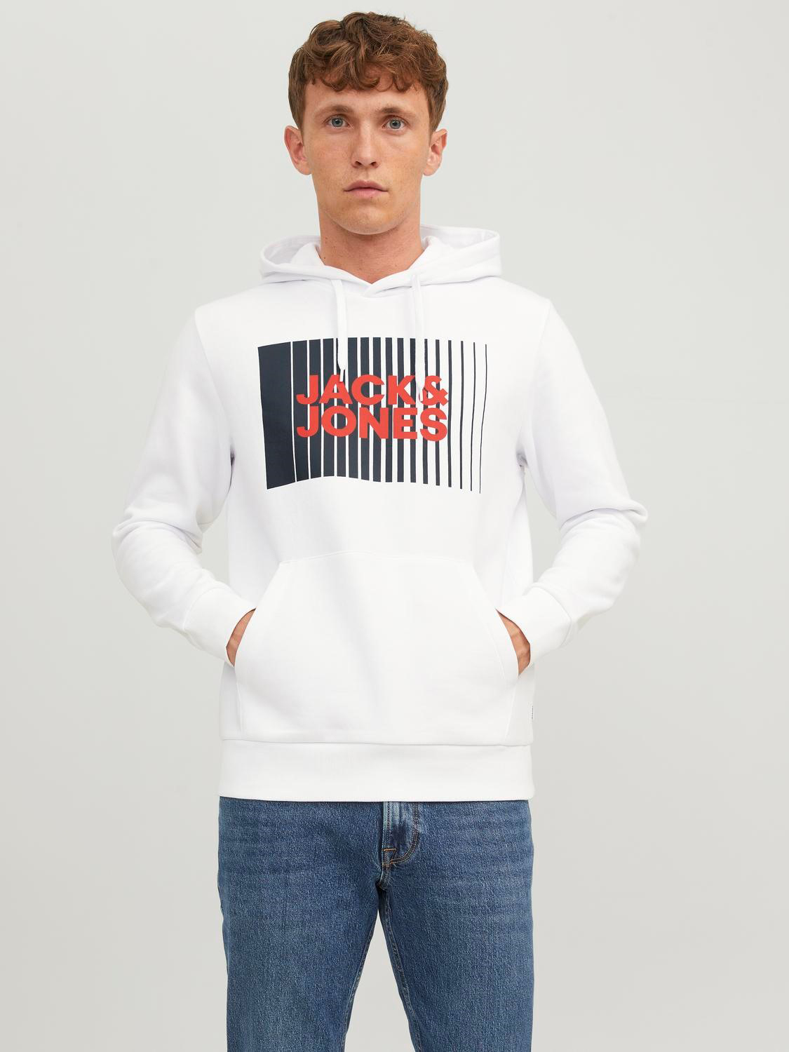 JACK & JONES Corp logo sweat hood play regular fit, heren hoodie katoenmengsel met capuchon, wit