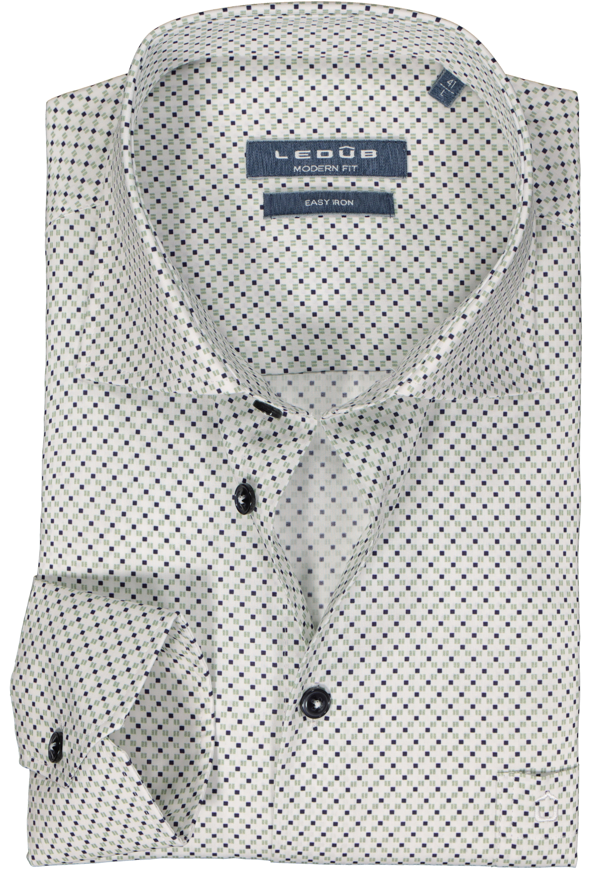 Ledub modern fit overhemd, popeline, wit met groen en donkerblauw dessin