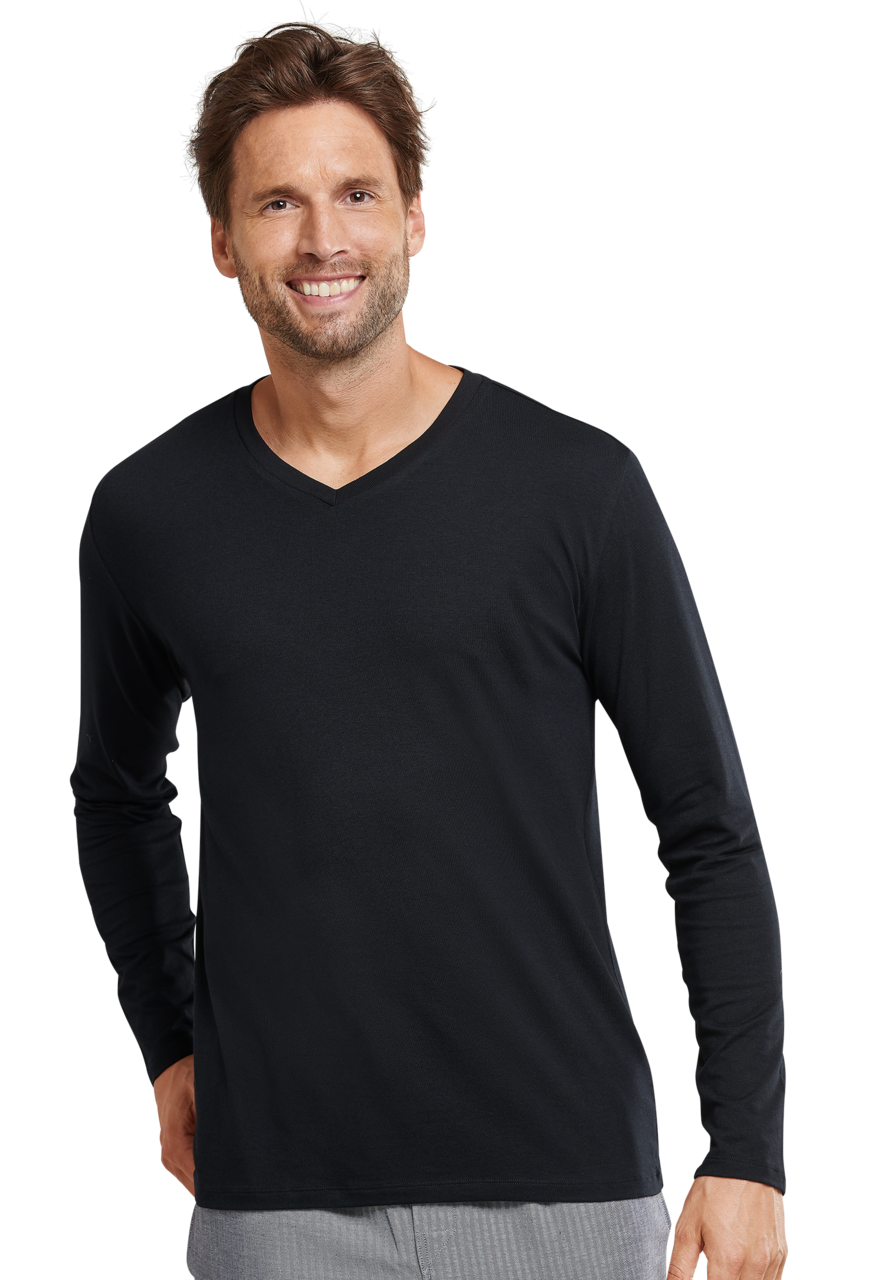 SCHIESSER Mix+Relax T-shirt, heren shirt lange mouwen v-hals zwart