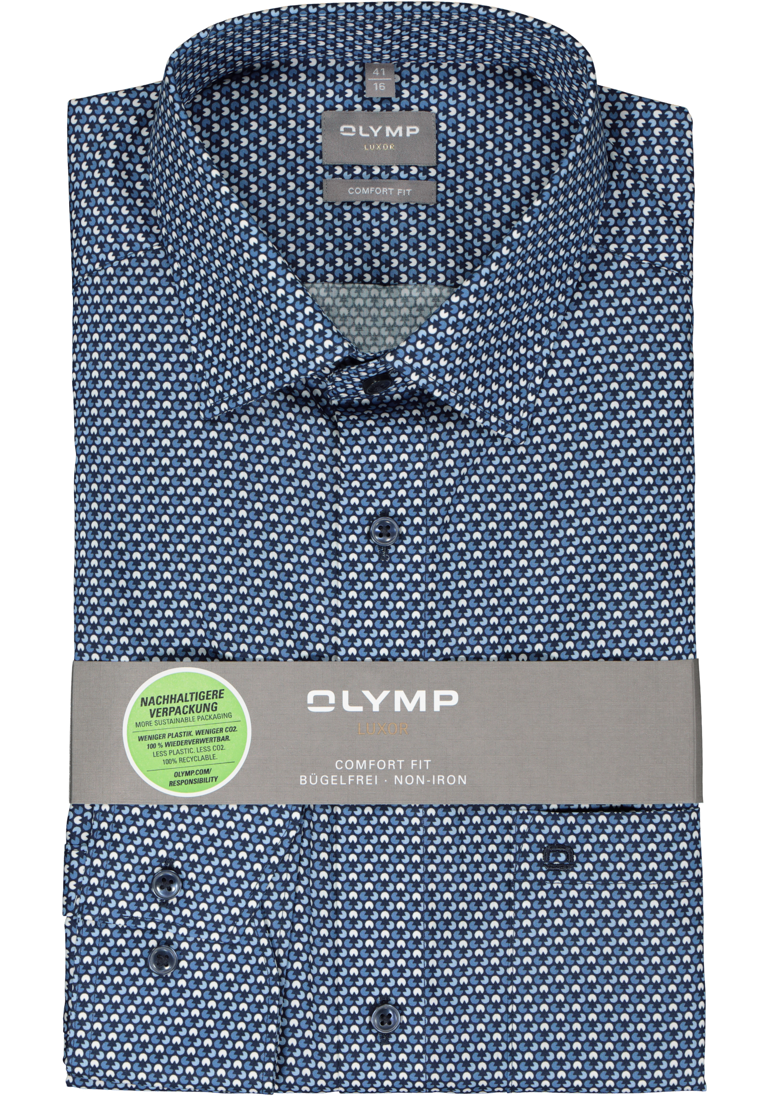 OLYMP comfort fit overhemd, popeline, blauw met wit dessin