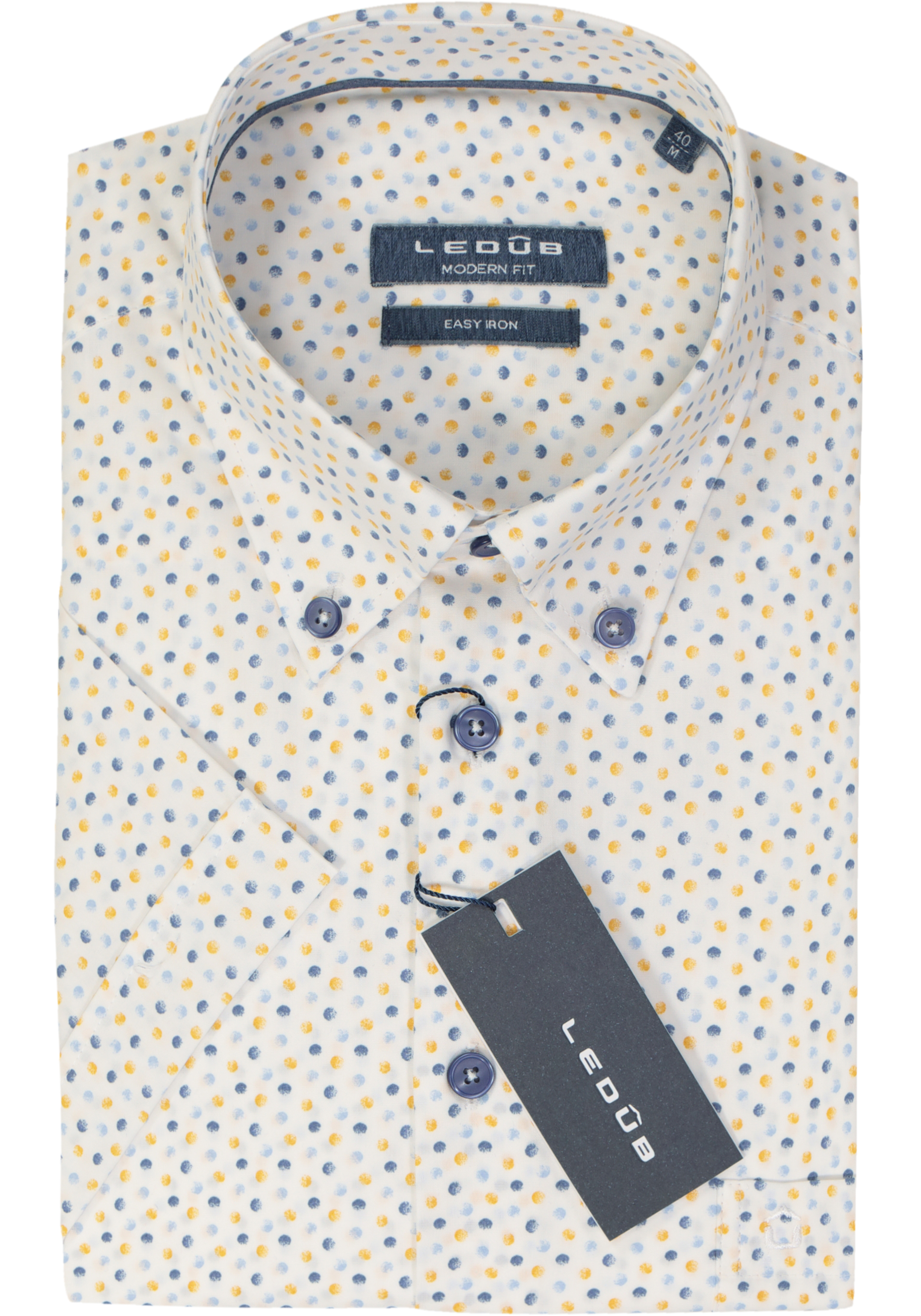 Ledub modern fit overhemd, korte mouw, wit met lichtgeel en blauw dessin