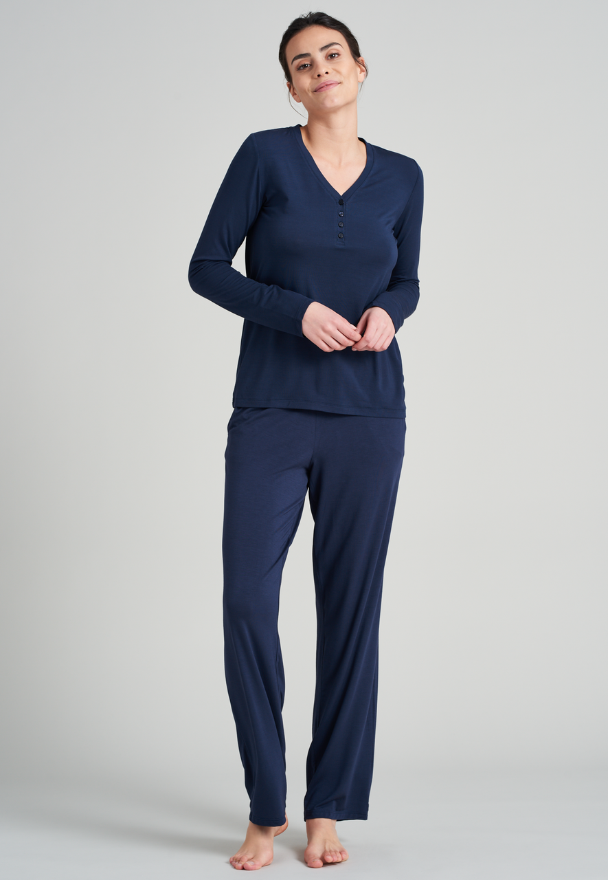 SCHIESSER Mix+Relax T-shirt, dames shirt lange mouwen modal v-hals knoopsluiting blauw