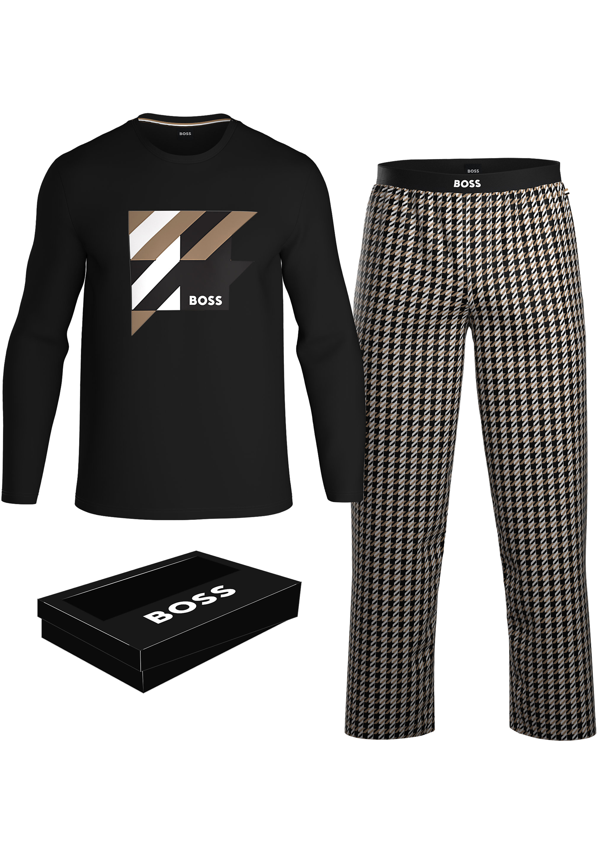 BOSS Dynamic Long Set, heren pyjama set, zwart met beige en wit dessin