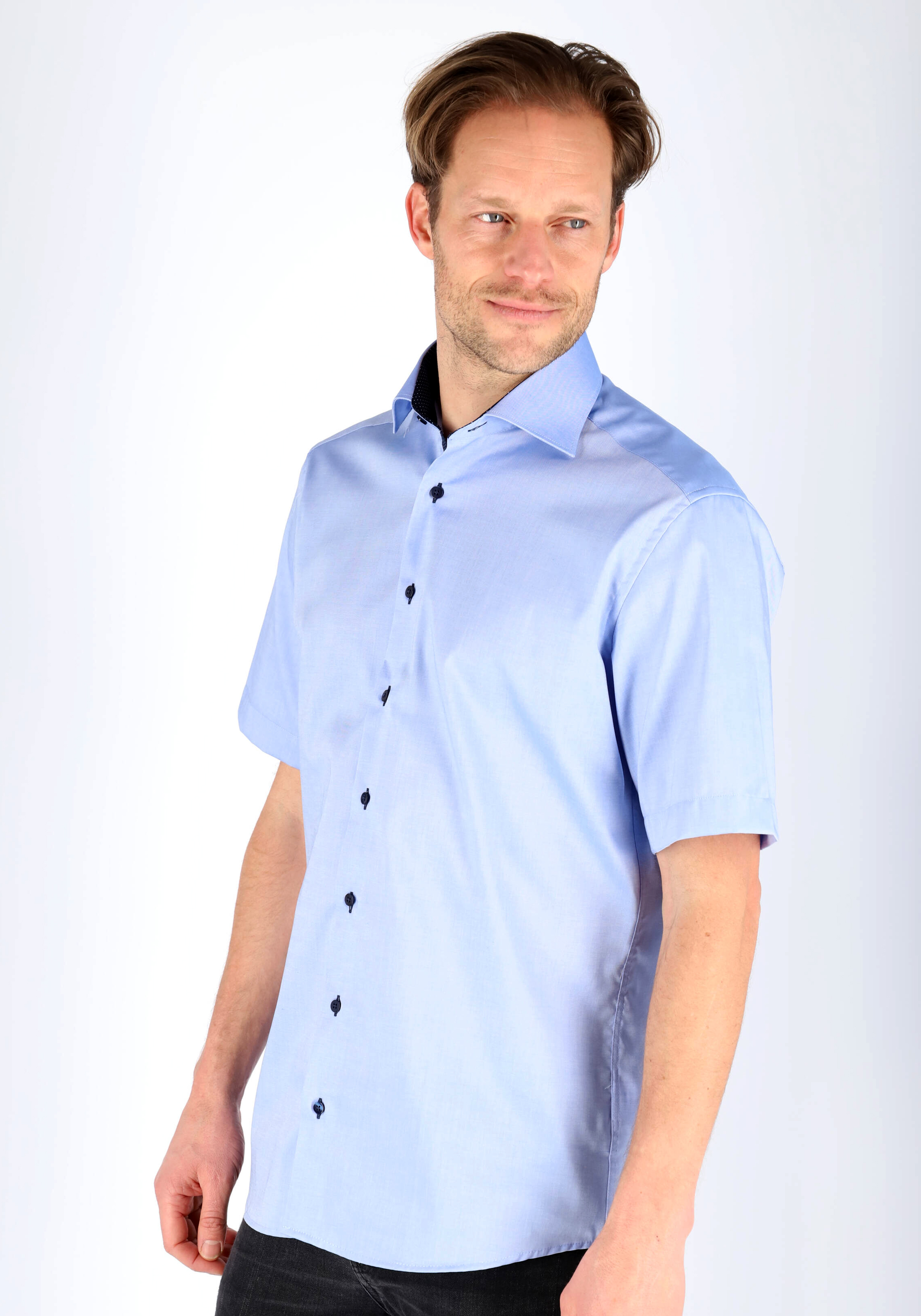 ETERNA modern fit overhemd, korte mouw, heren overhemd fijn Oxford, blauw (gestipt contrast)