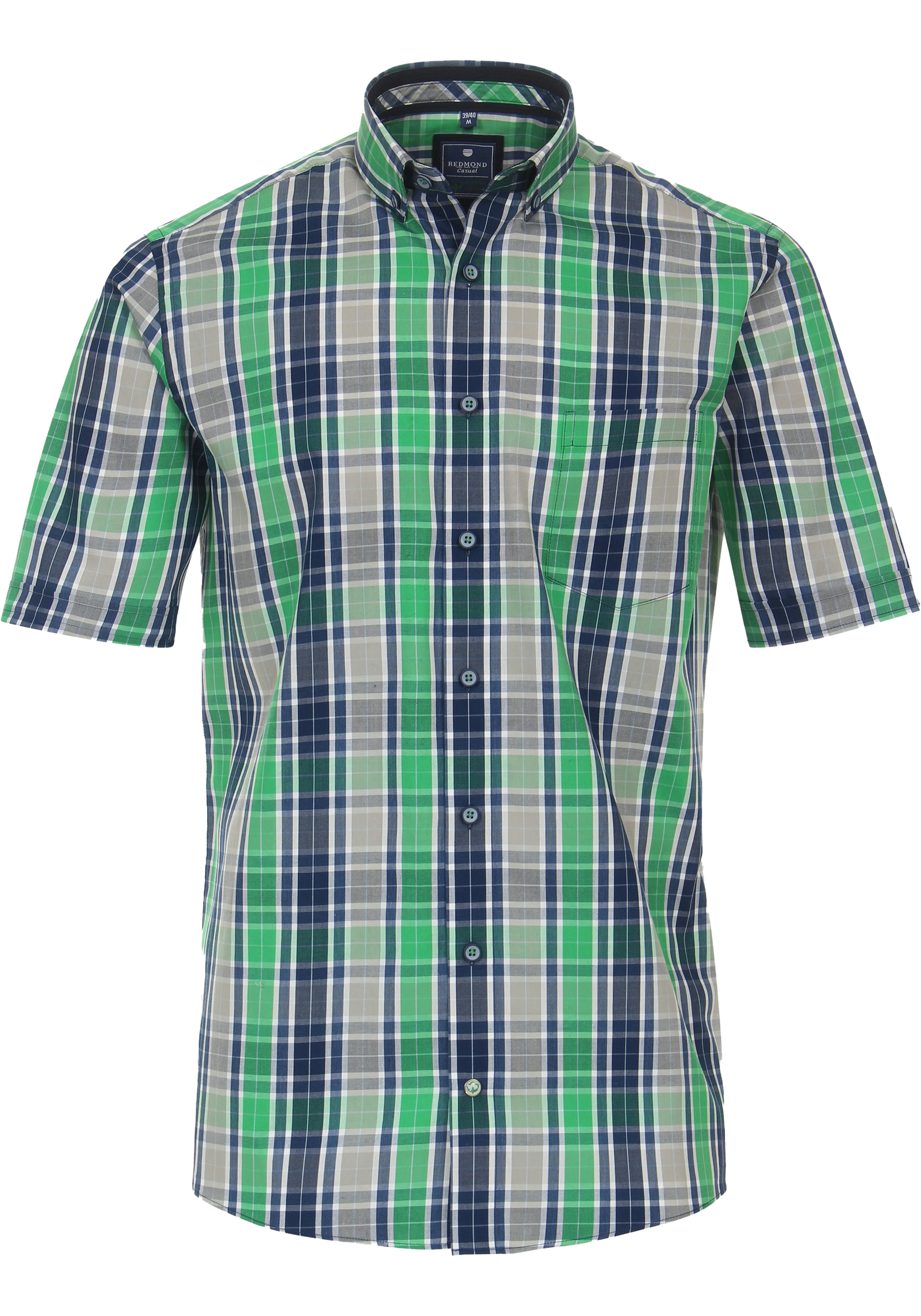 Redmond comfort fit overhemd, korte mouw, popeline, groen geruit