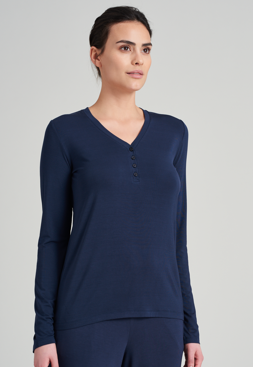SCHIESSER Mix+Relax T-shirt, dames shirt lange mouwen modal v-hals knoopsluiting blauw