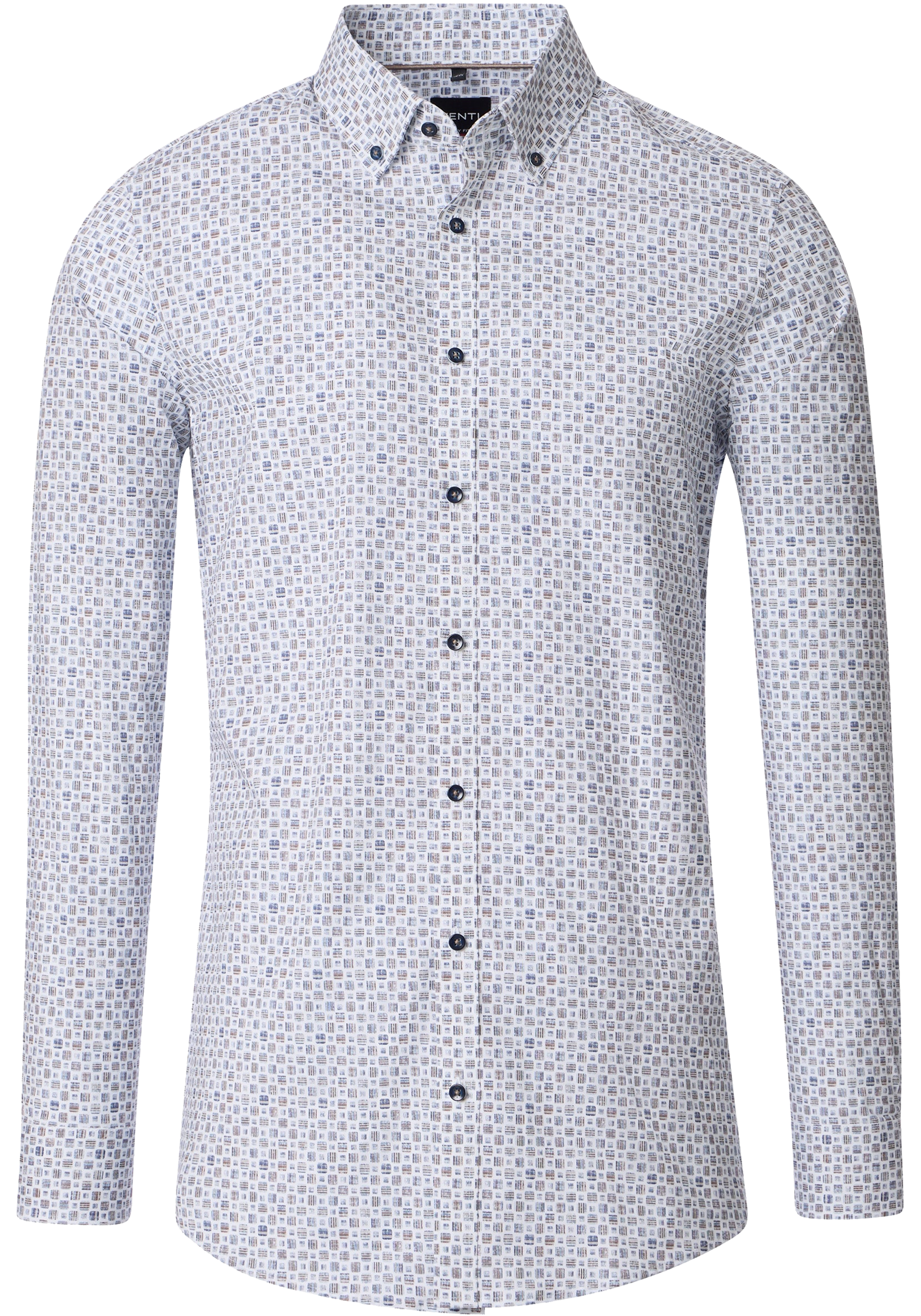 VENTI body fit overhemd, popeline, wit met blauw en beige dessin