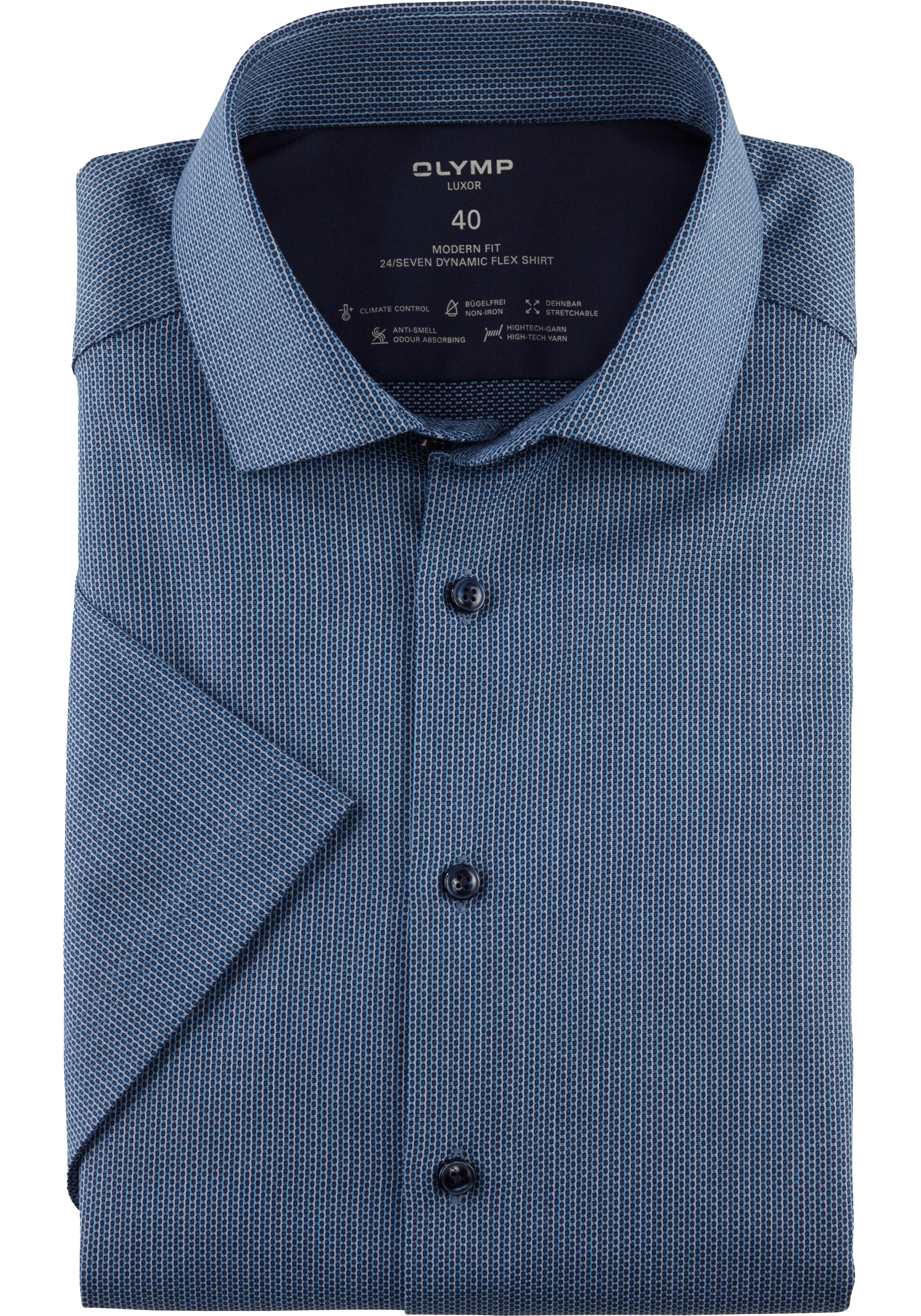 OLYMP Luxor 24/7 modern fit overhemd, korte mouw, popeline, marineblauw dessin