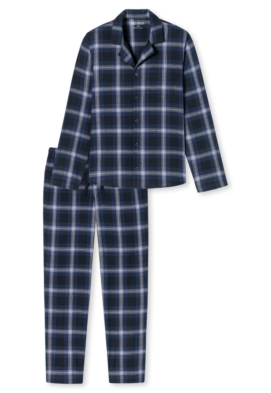 SCHIESSER Warming Nightwear pyjamaset, heren lange pyjama geweven stof biologisch katoen knoopsluiting geruit nachtblauw