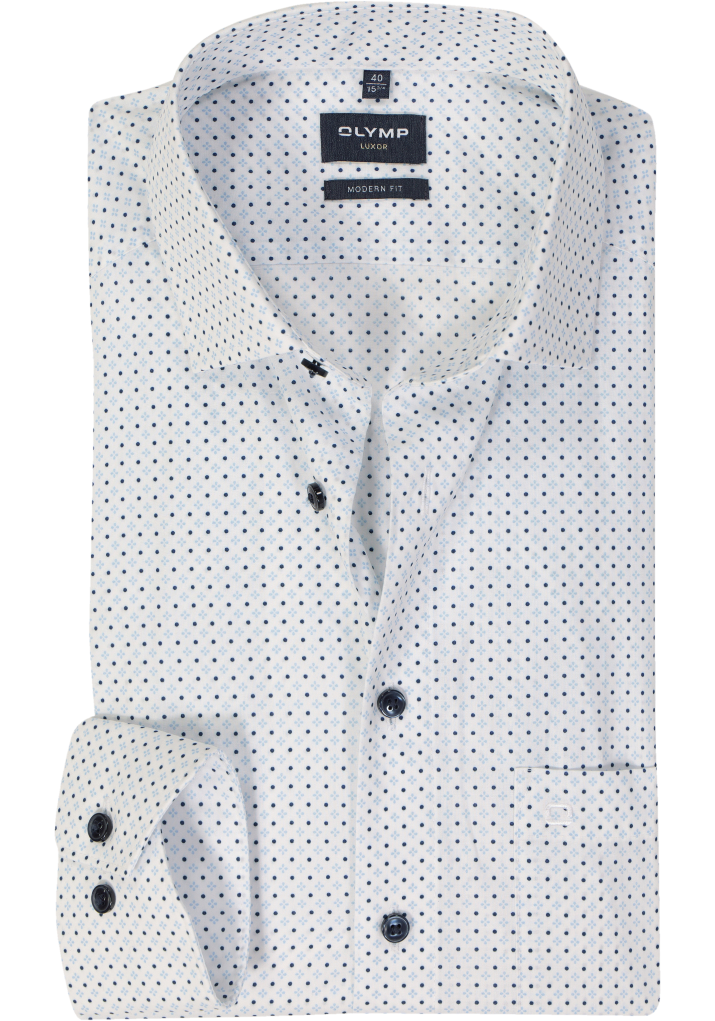 OLYMP modern fit overhemd, mouwlengte 7, popeline, wit met licht- en donkerblauw dessin