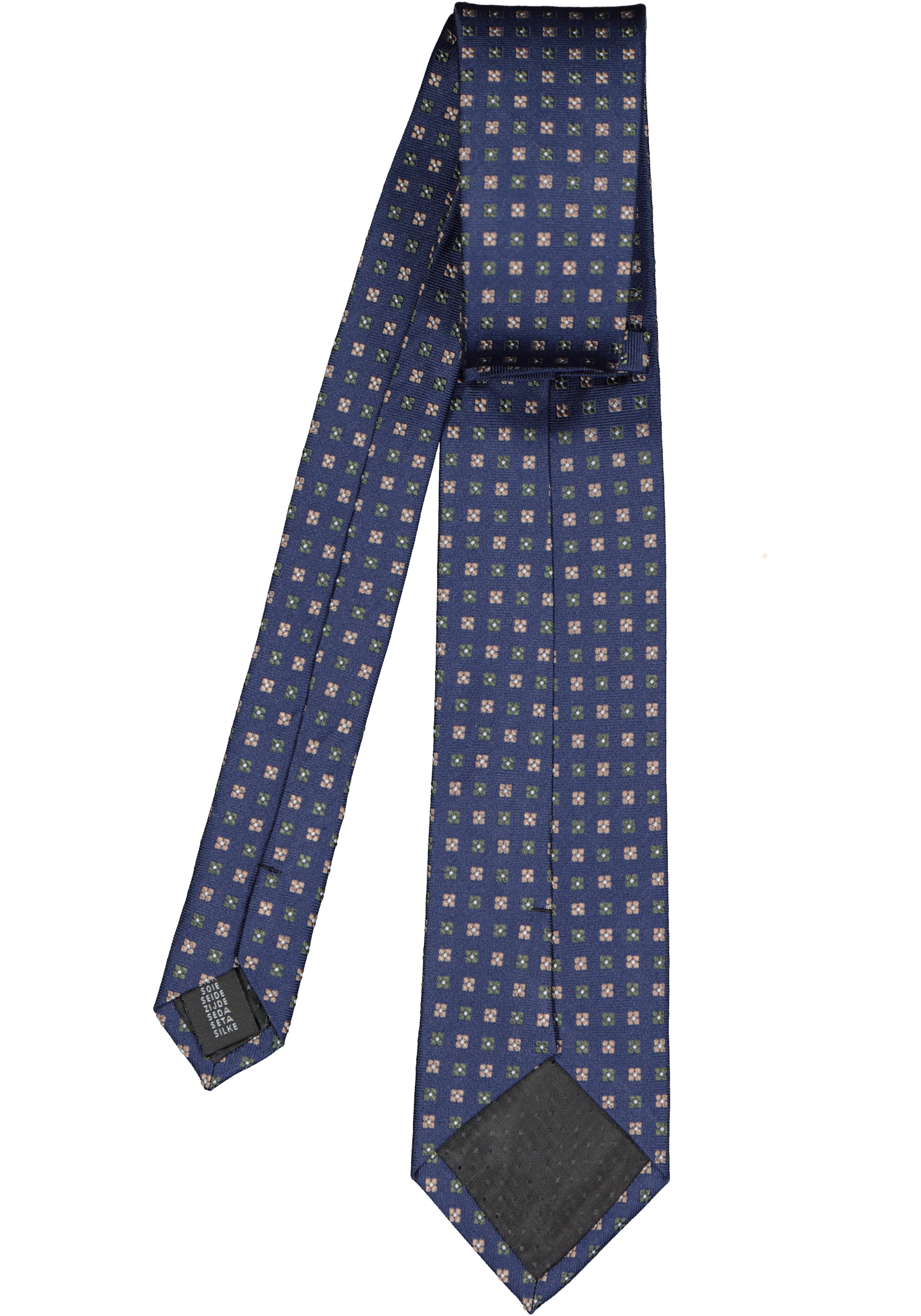 Michaelis  stropdas, zijde, blauw met olijfgroen en camel dessin