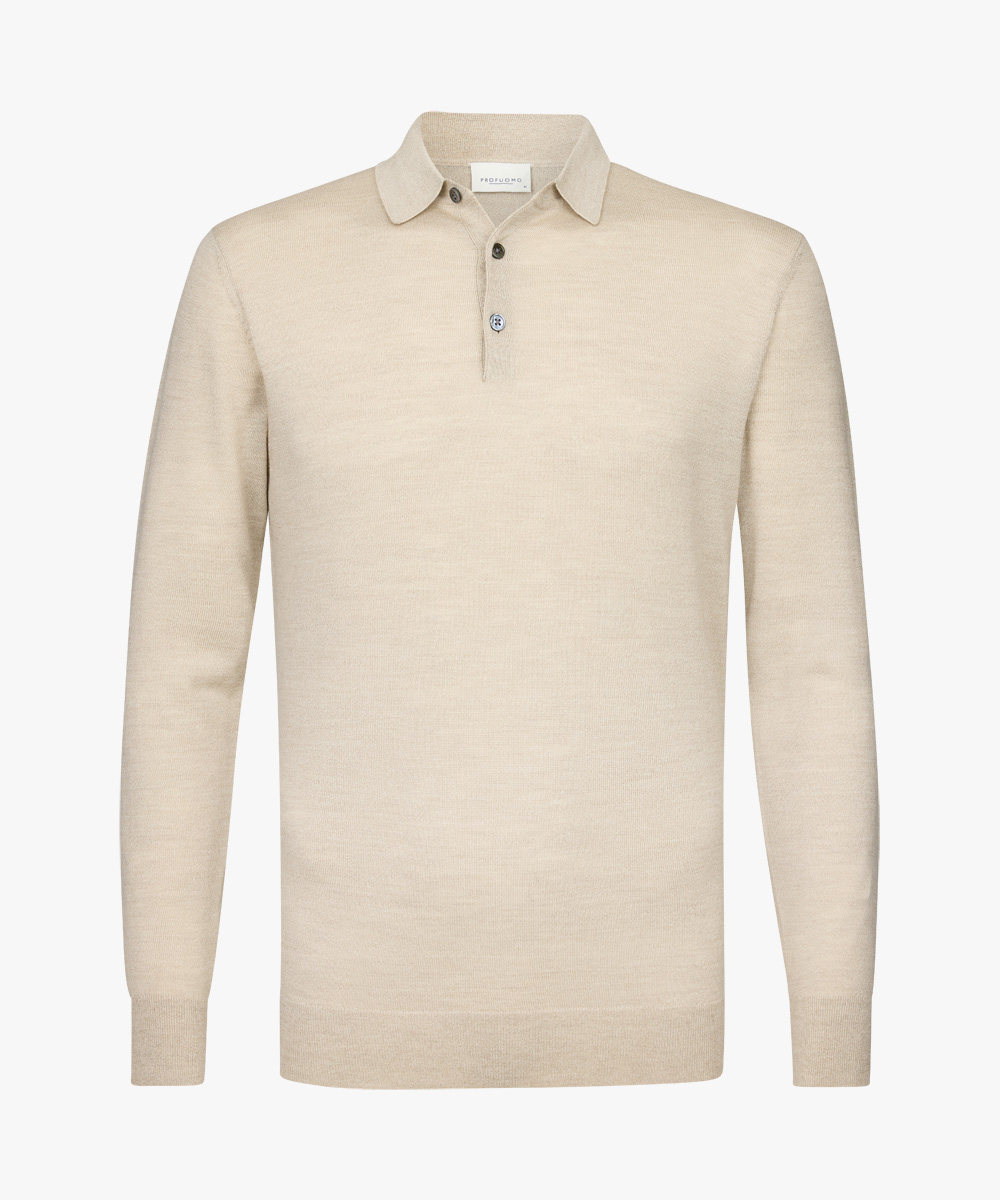Profuomo heren trui wol, slim fit gebreide polo lange mouw, beige
