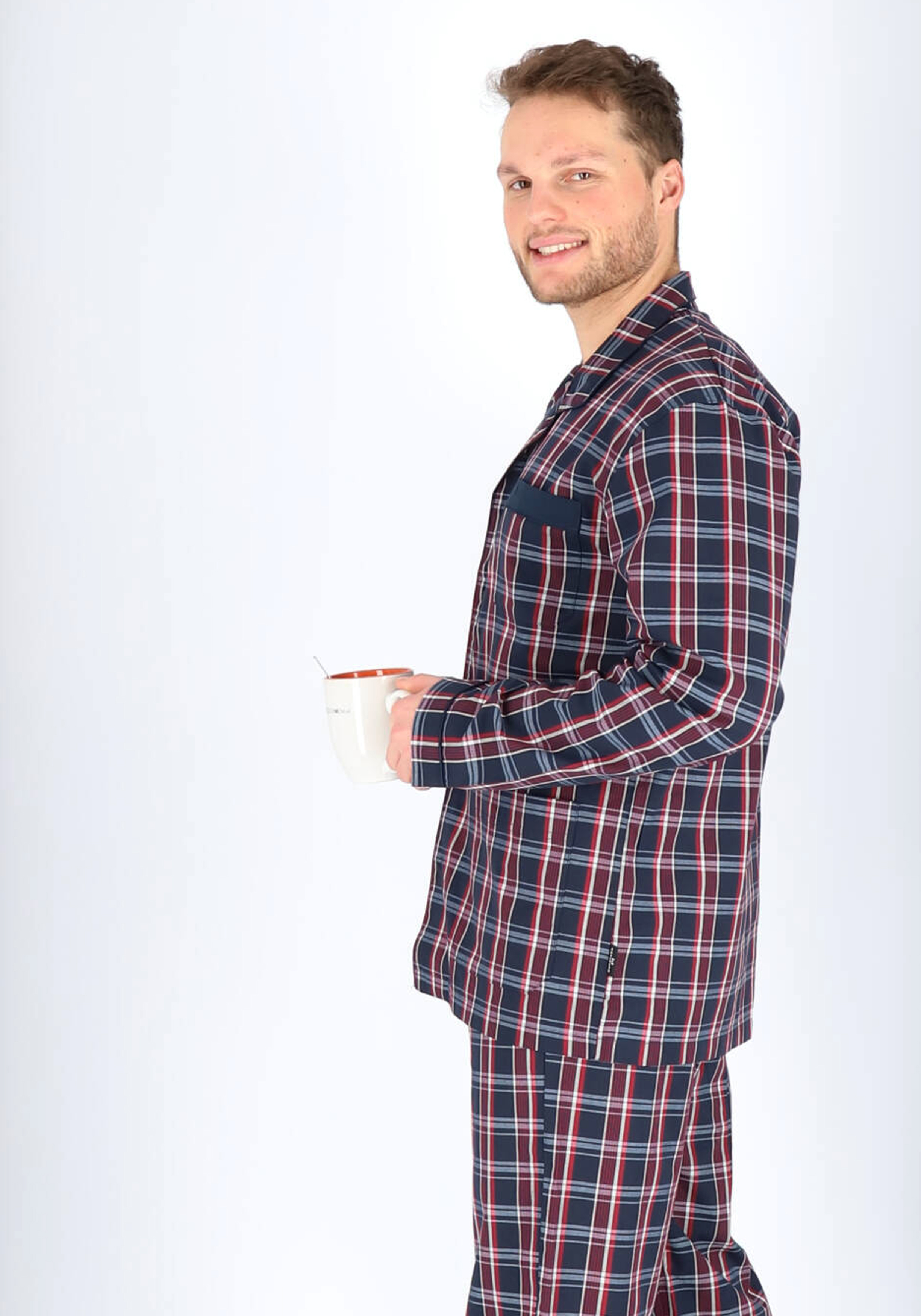 Gotzburg heren pyjama met knopen geweven heren pyjama niet elastisch blauw met rood en wit geruit