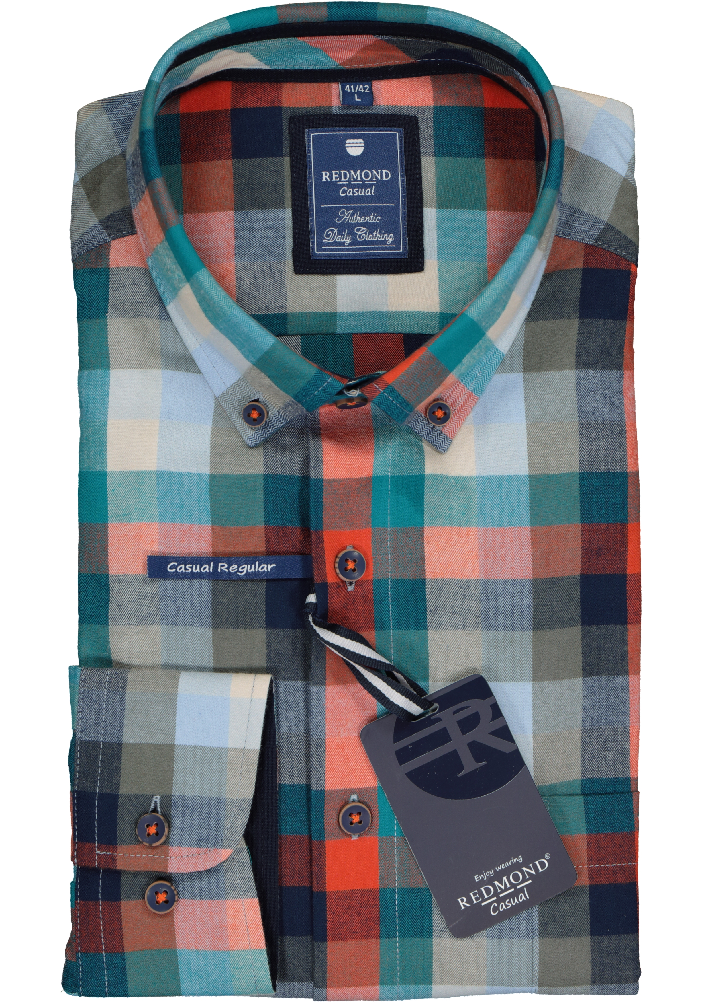 Redmond regular fit overhemd, visgraad, blauw met groen en rood geruit (contrast)