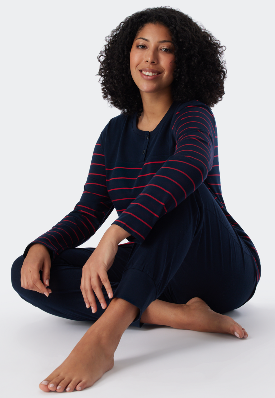 SCHIESSER selected! premium inspiration pyjamaset, dames pyjama lang streepjes boordjes nachtblauwe-rood