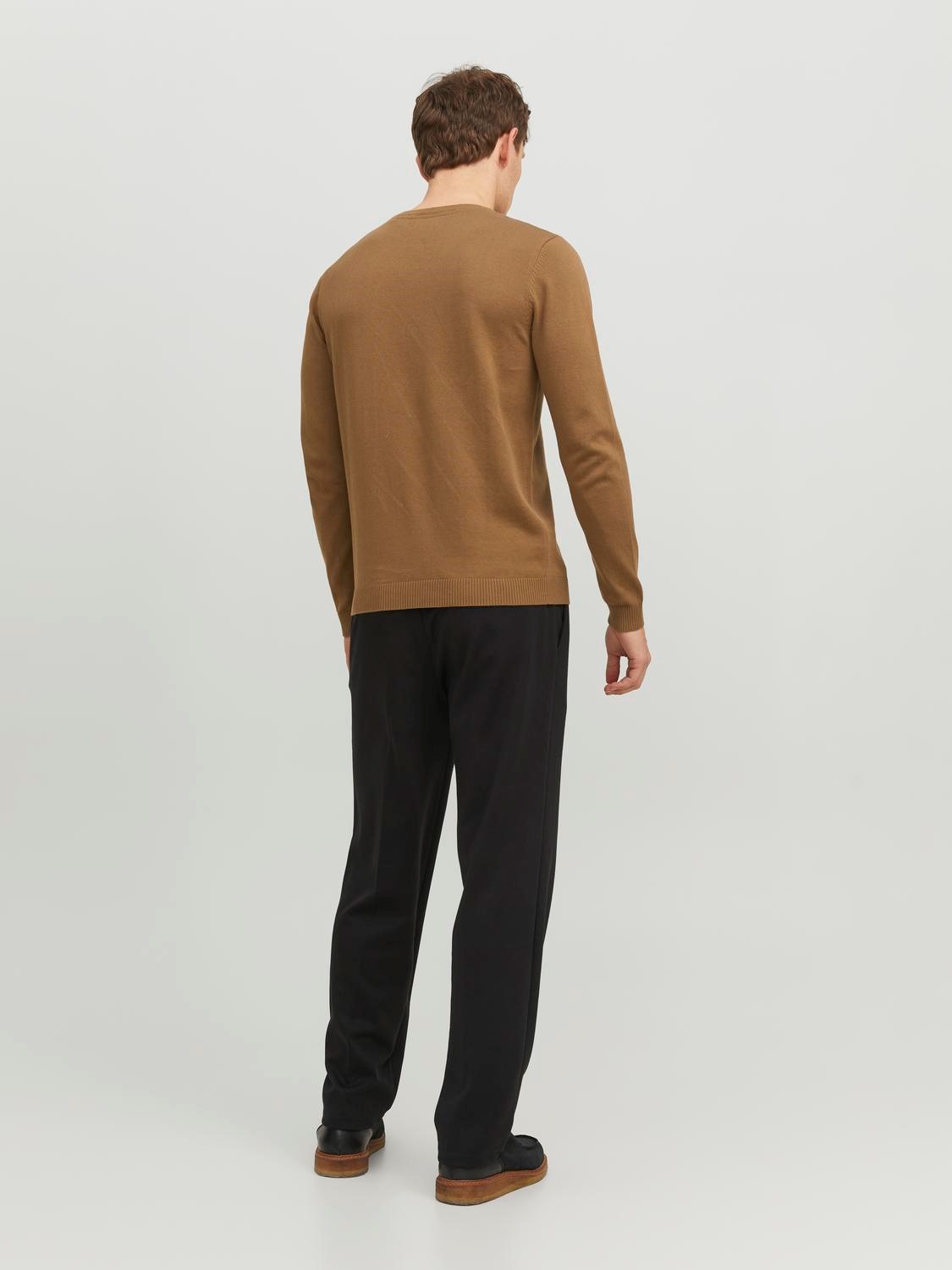 JACK & JONES Basic knit crew neck slim fit, heren pullover katoen met O-hals, camel bruin