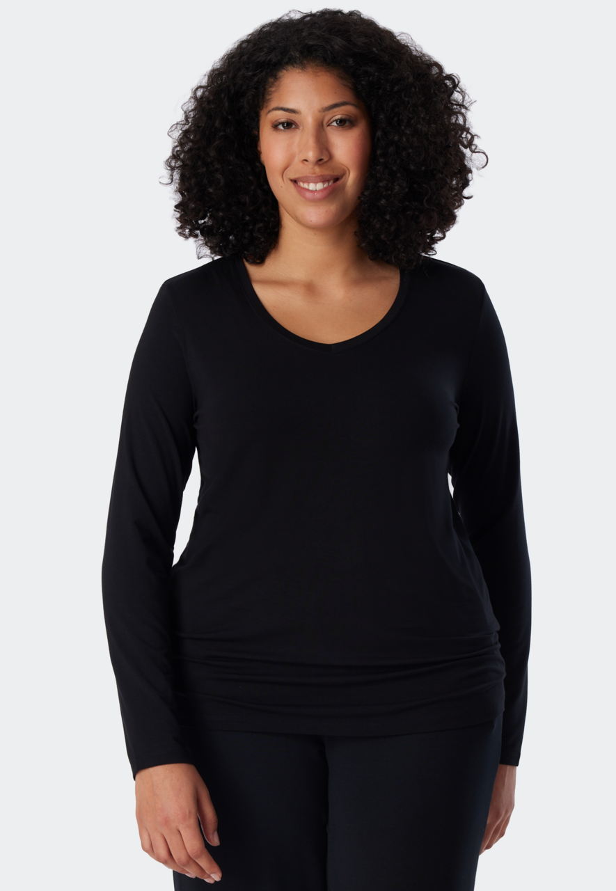 SCHIESSER Mix+Relax T-shirt, dames shirt lange mouwen modal v-hals zwart