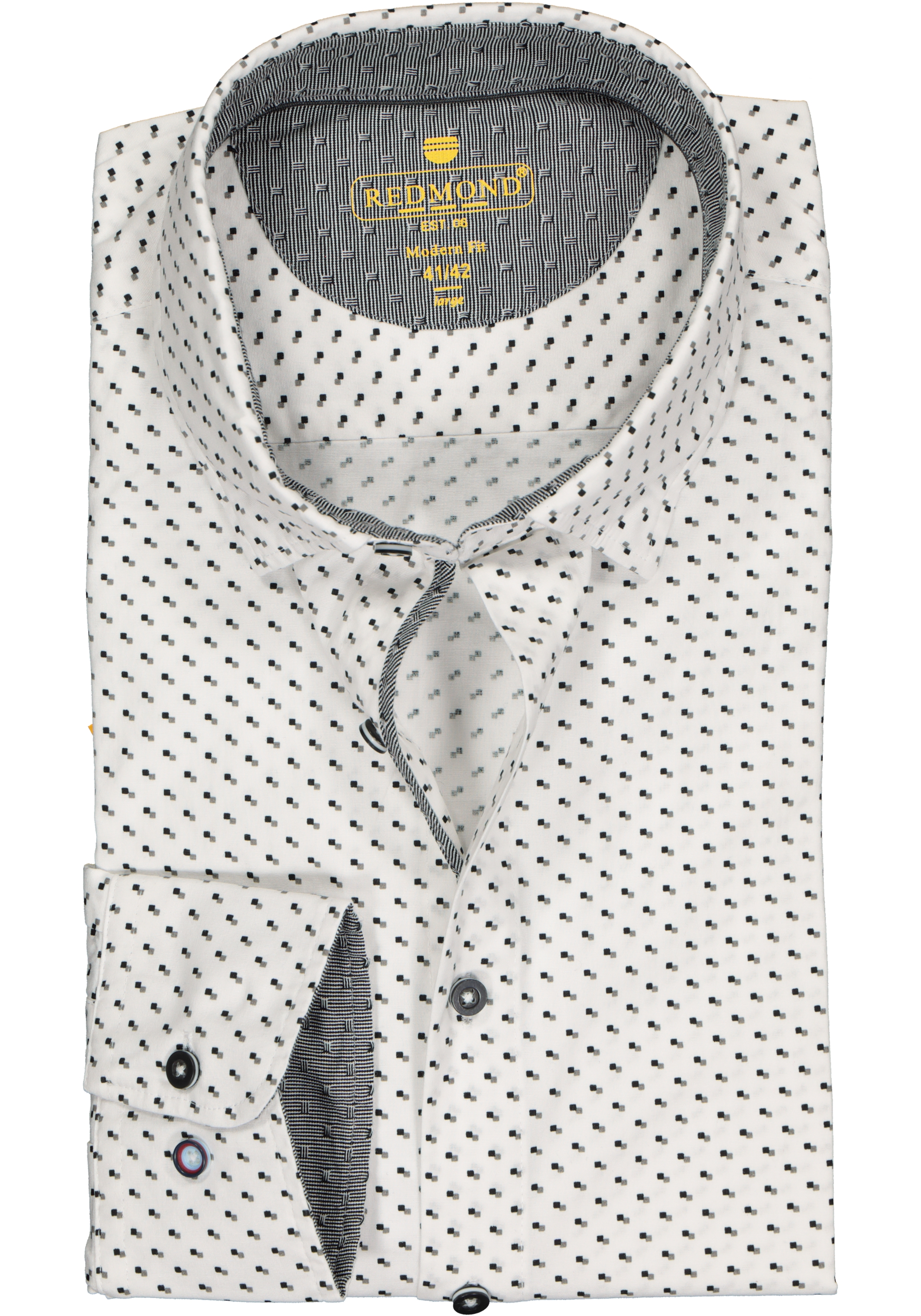 Redmond modern fit overhemd, poplin, wit met zwart en grijs mini dessin (contrast)
