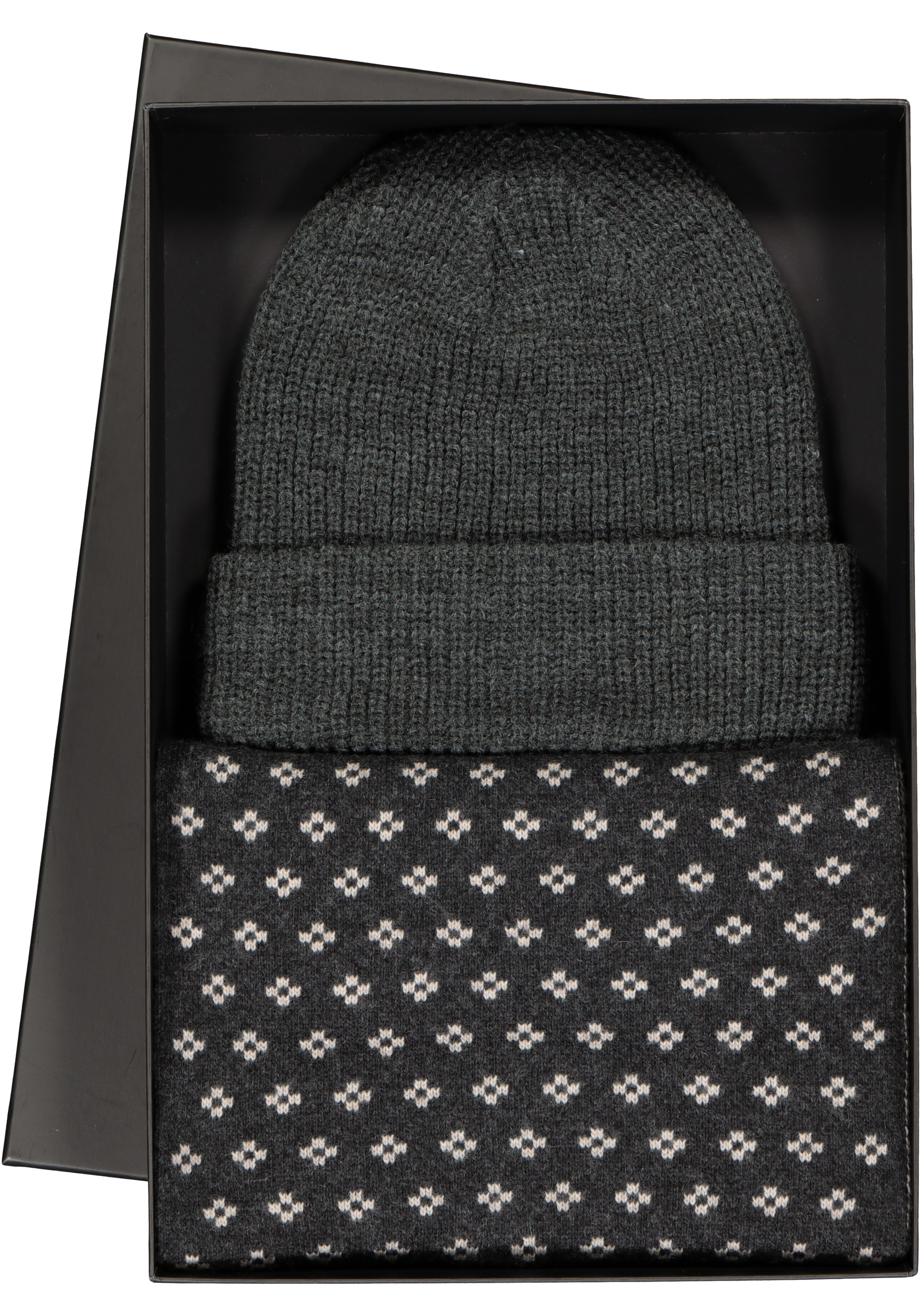 Set Profuomo sjaal met muts, antraciet grijs dessin met muts, in cadeaubox