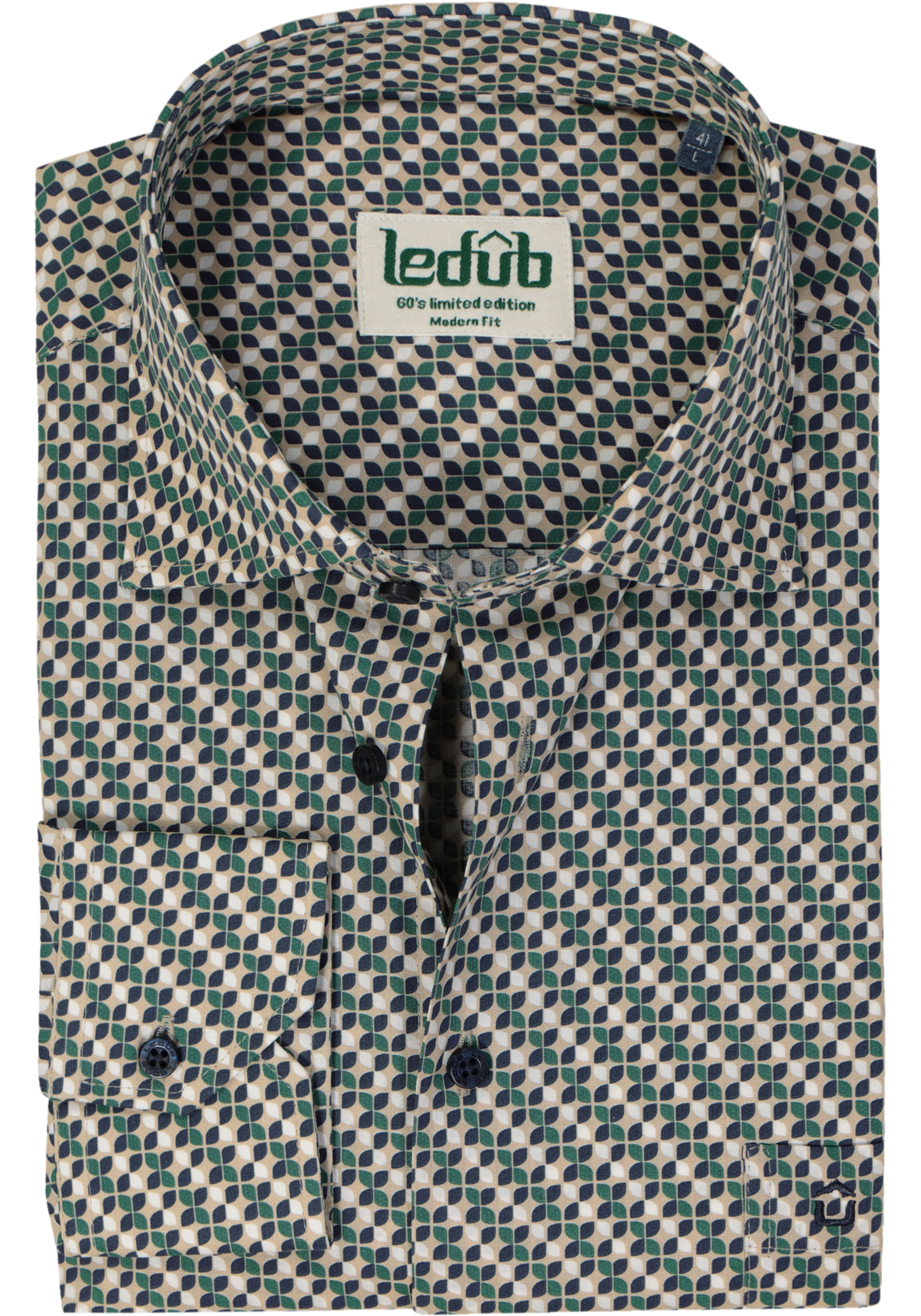 Ledub modern fit overhemd, popeline, middengroen dessin