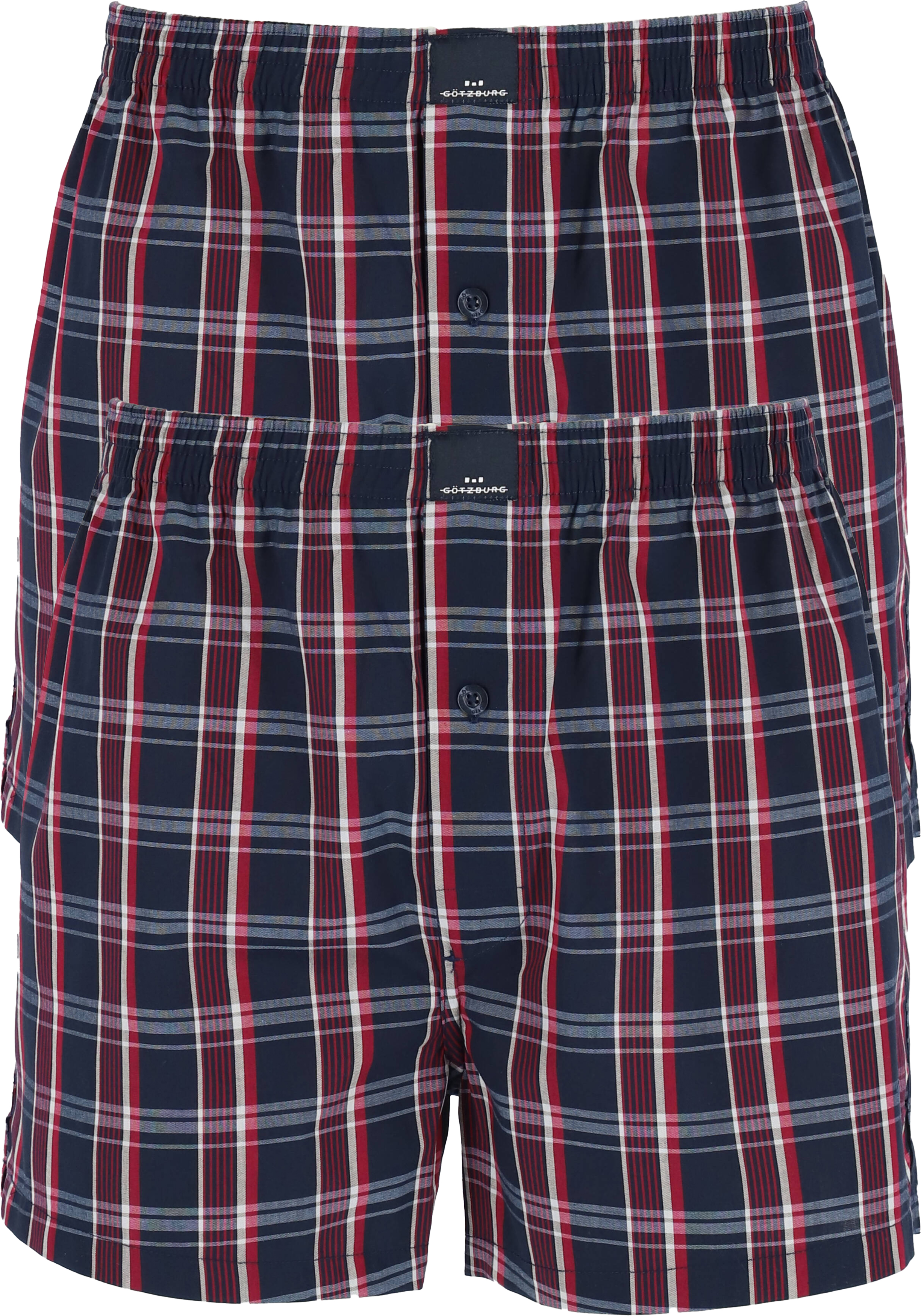 Gotzburg boxershorts geweven (2-pack), heren boxers katoen wijd model, blauw met donkerrood en wit geruit
