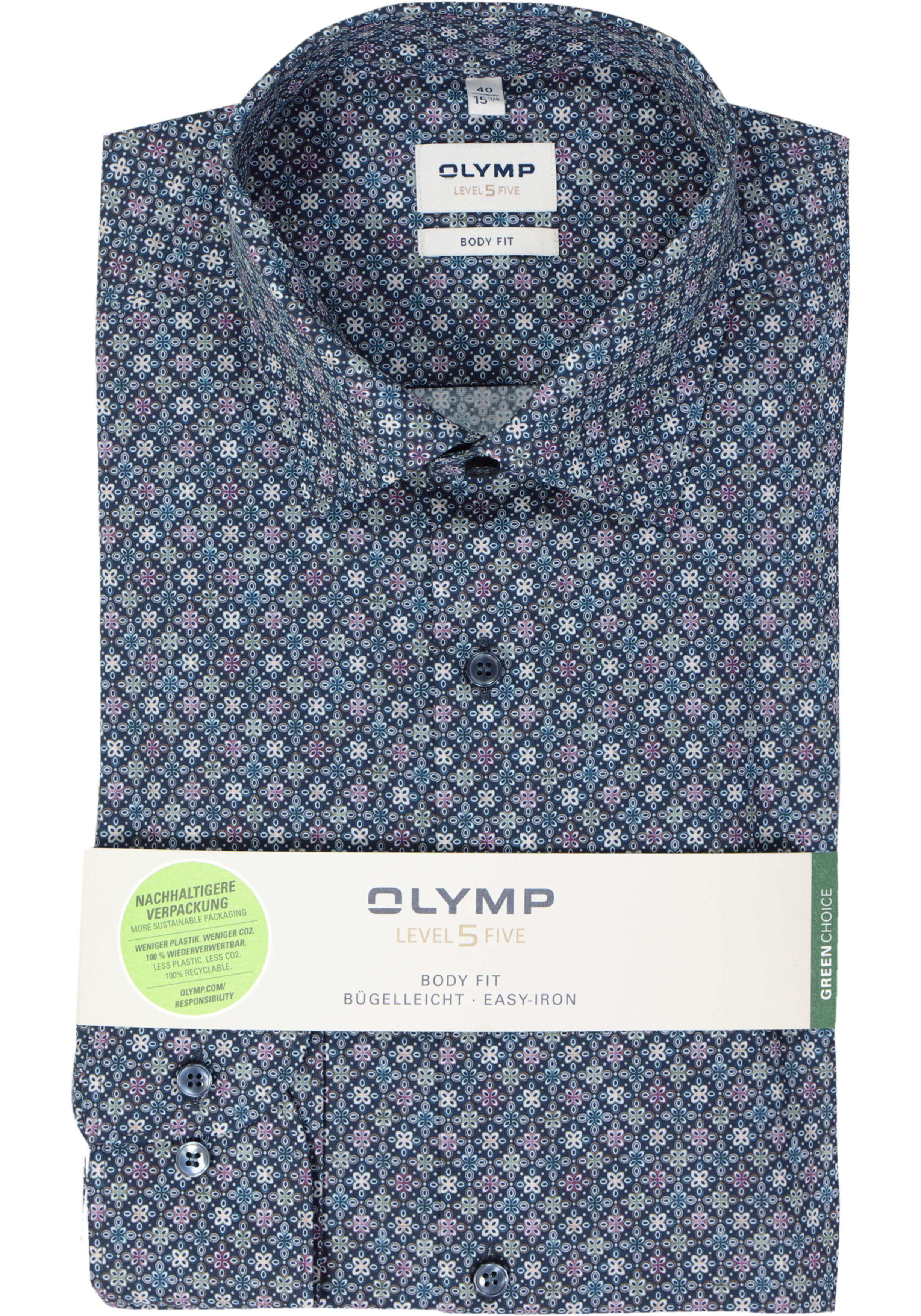 OLYMP Level 5 body fit overhemd, popeline, marine blauw dessin