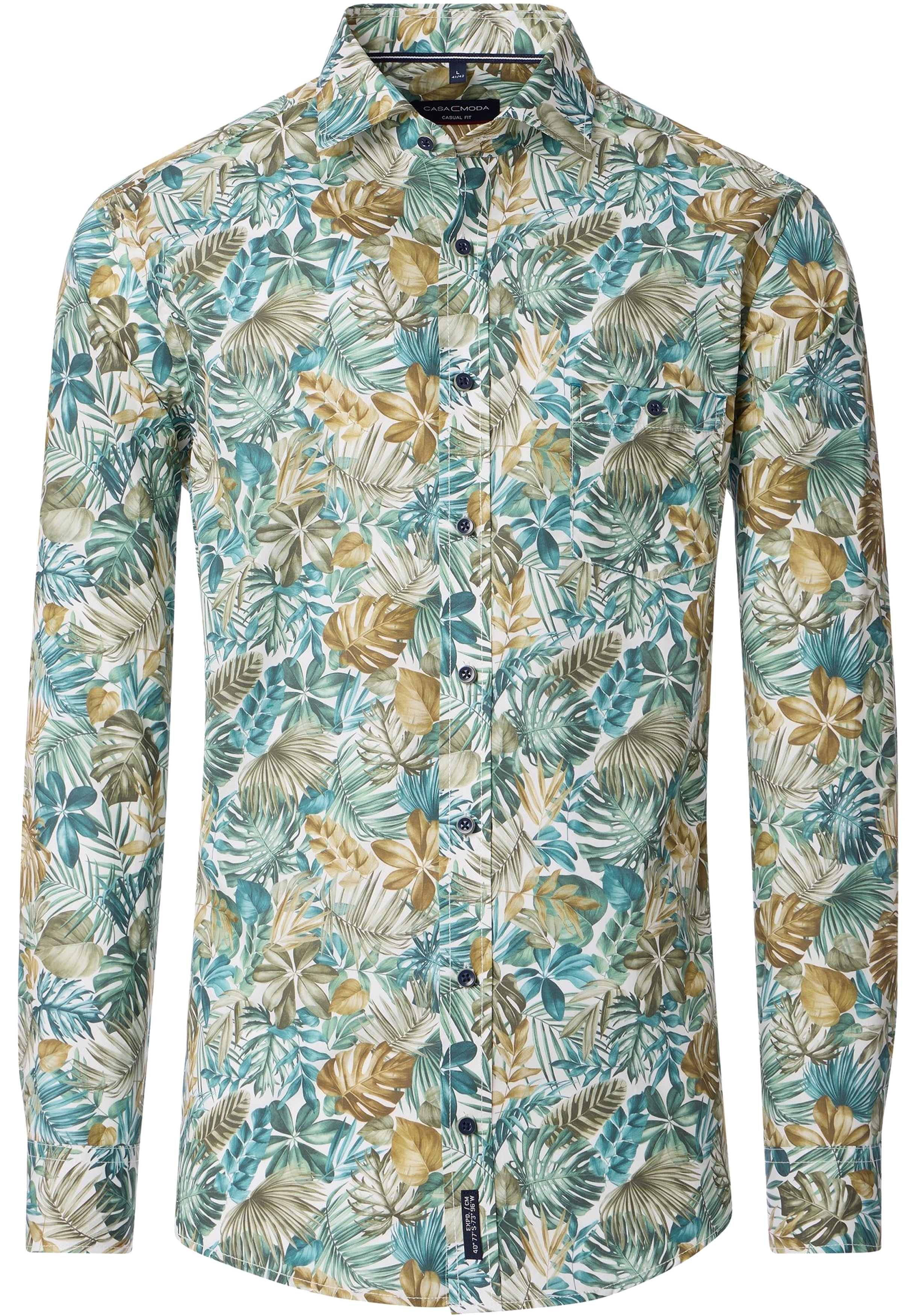 CASA MODA Sport casual fit overhemd, popeline, wit met groen en aqua bladeren dessin