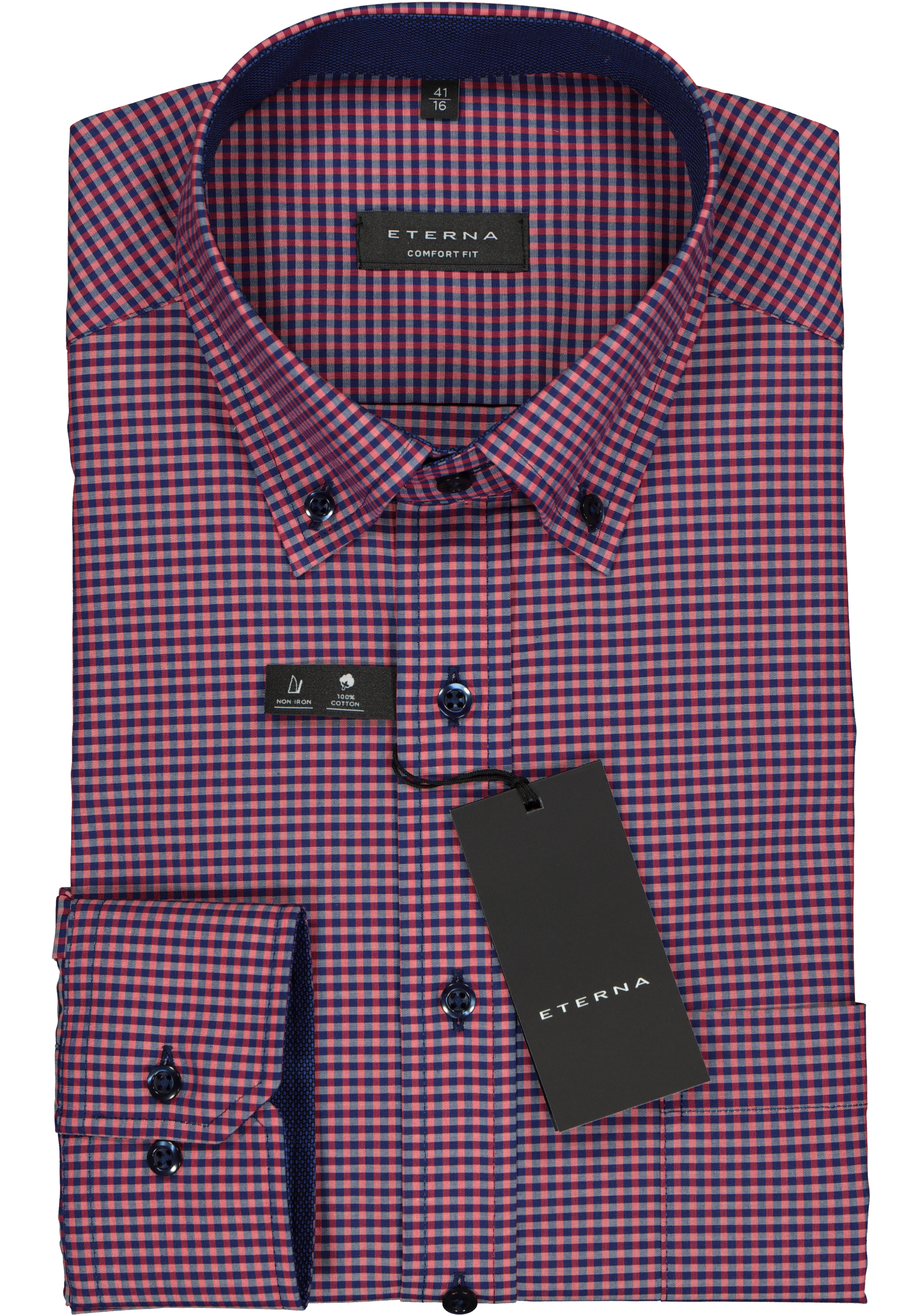 ETERNA comfort fit overhemd, poplin heren overhemd, rood met blauw geruit (contrast)