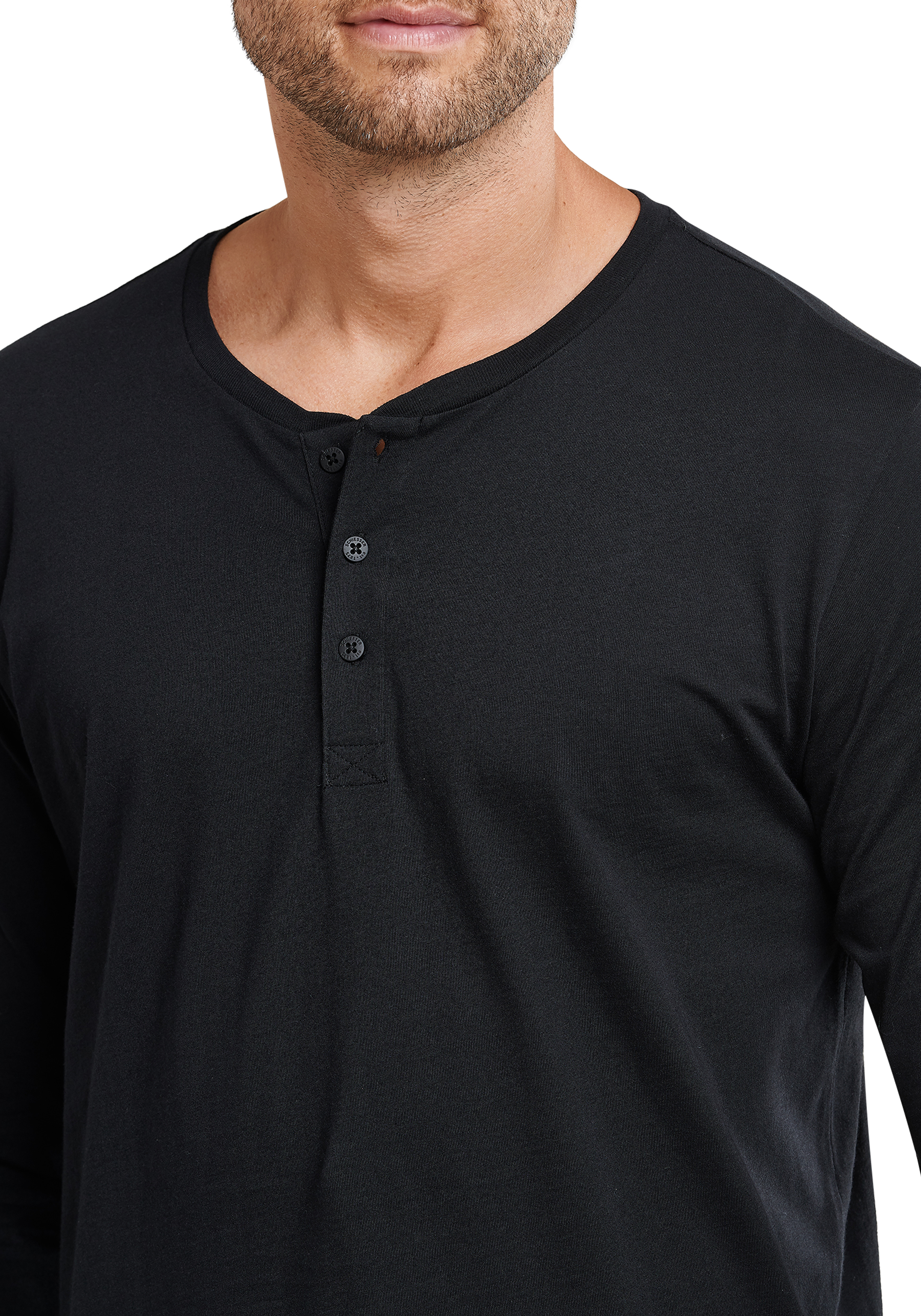 SCHIESSER Mix+Relax T-shirt, lange mouw O-hals met knoopjes, zwart