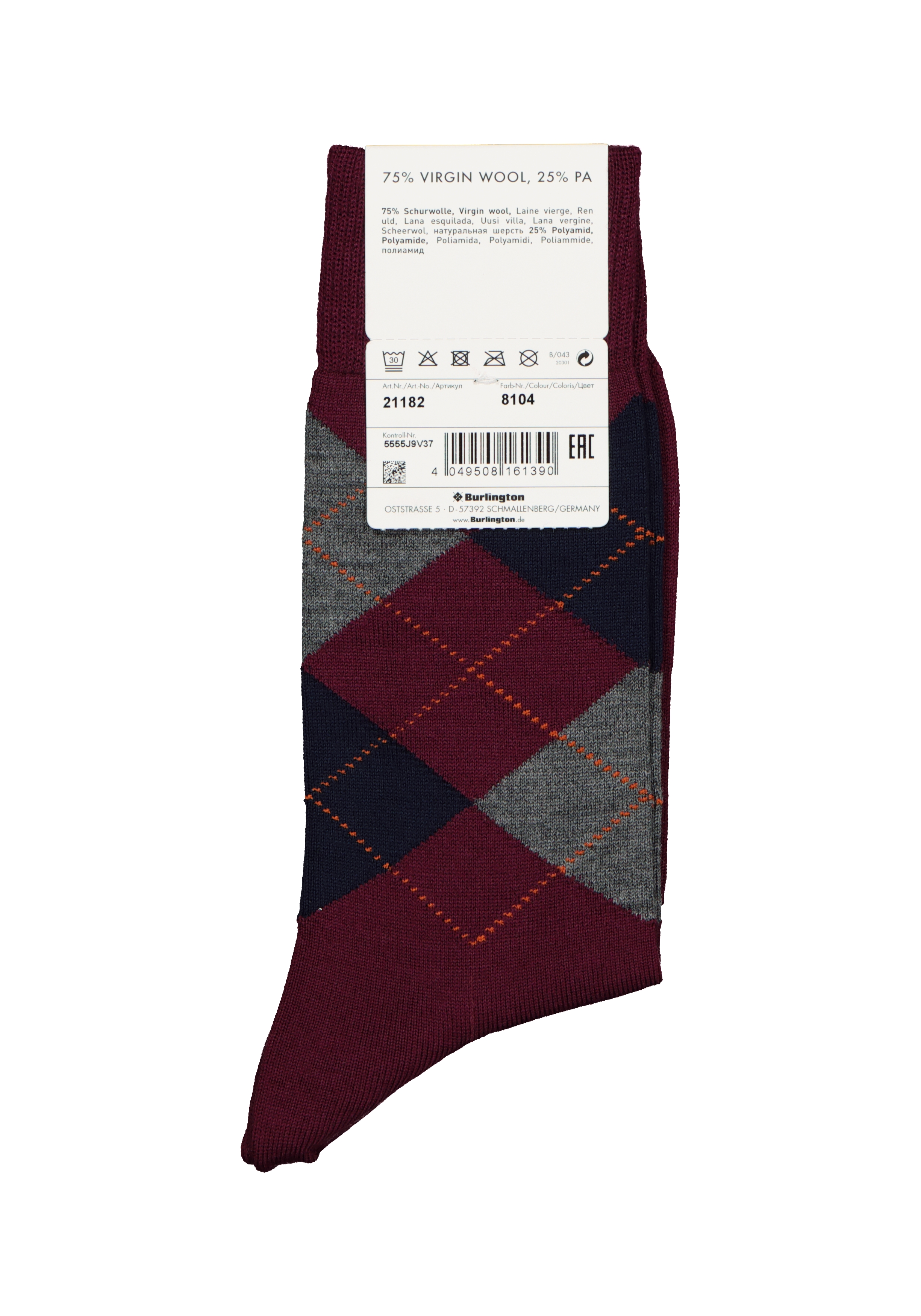 Burlington Edinburgh herensokken, wol, bordeauxrood met grijs