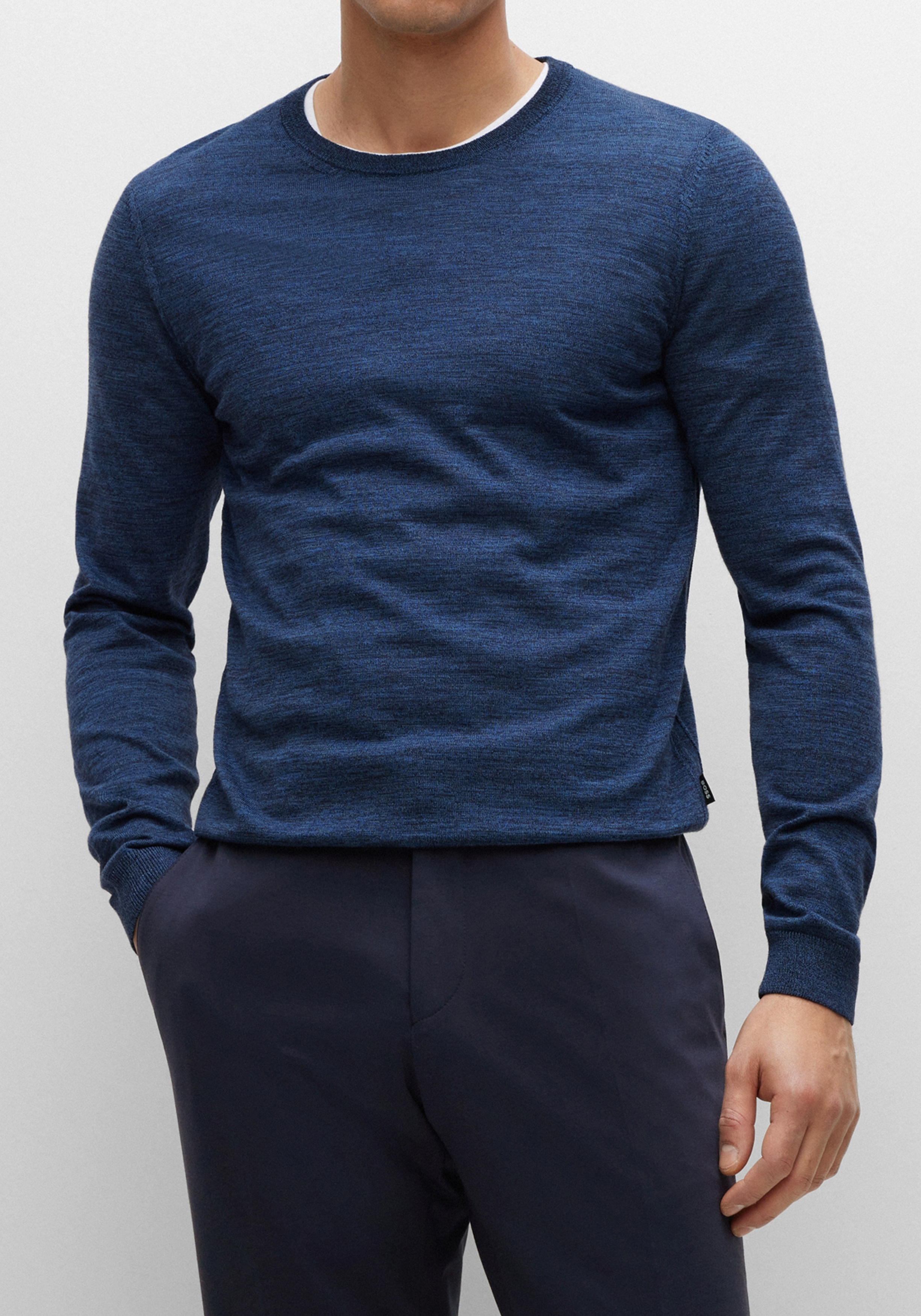 BOSS Leno slim fit trui wol, heren pullover met O-hals, kobalt blauw