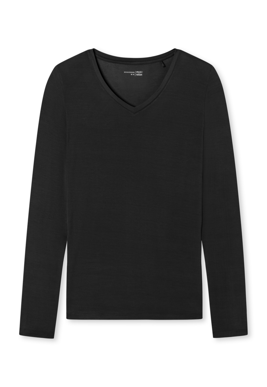 SCHIESSER Mix+Relax T-shirt, dames shirt lange mouwen modal v-hals zwart