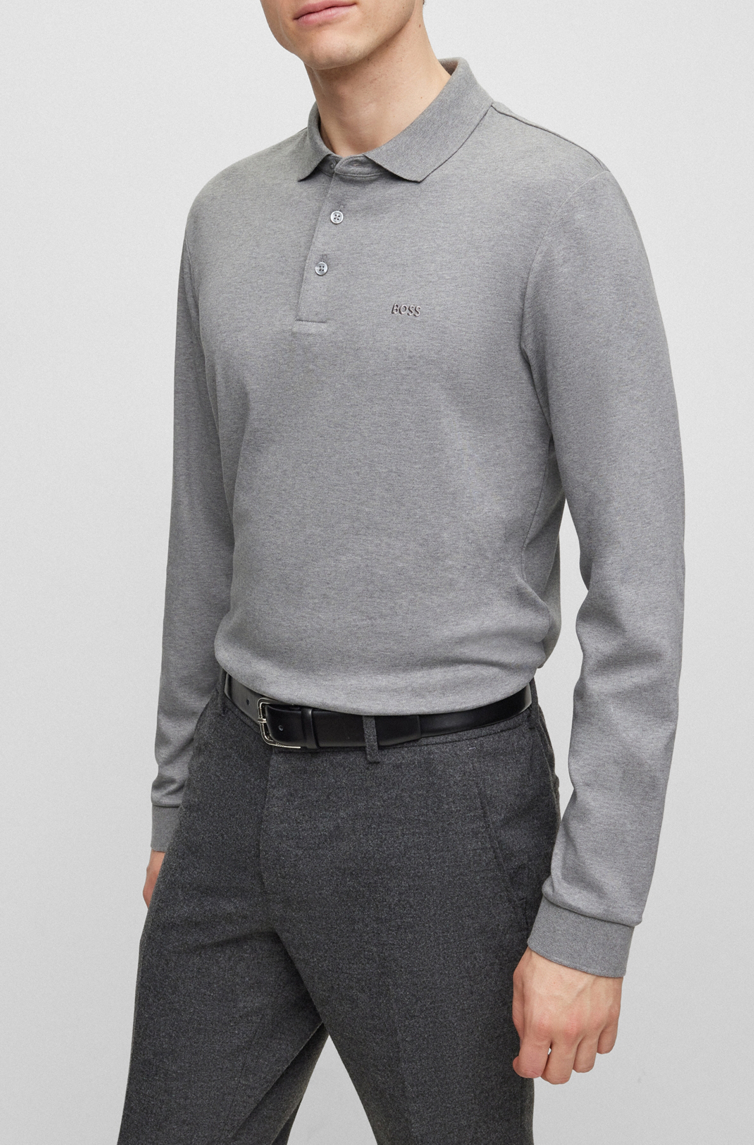 BOSS Pado regular fit polo lange mouw, jersey, middengrijs