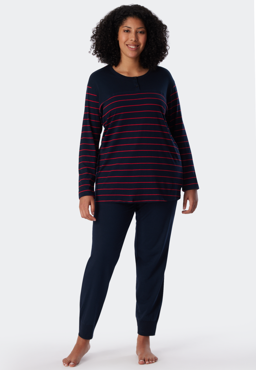 SCHIESSER selected! premium inspiration pyjamaset, dames pyjama lang streepjes boordjes nachtblauwe-rood