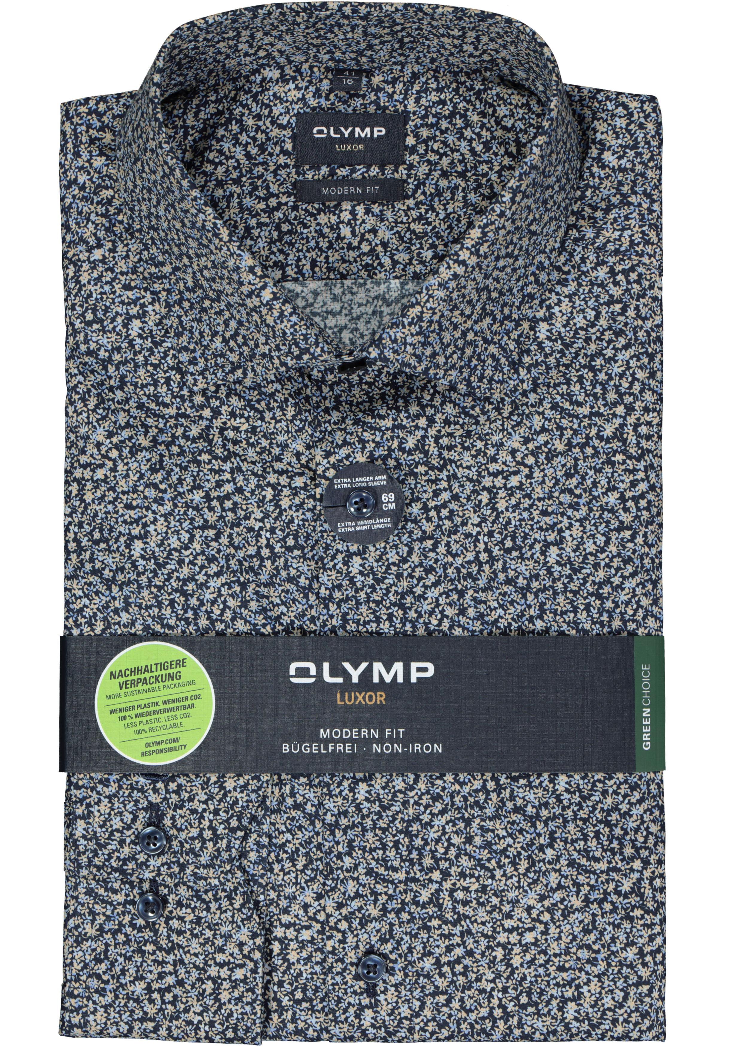 OLYMP modern fit overhemd, mouwlengte 7, popeline, donkerblauwmet beige bloemetjes dessin
