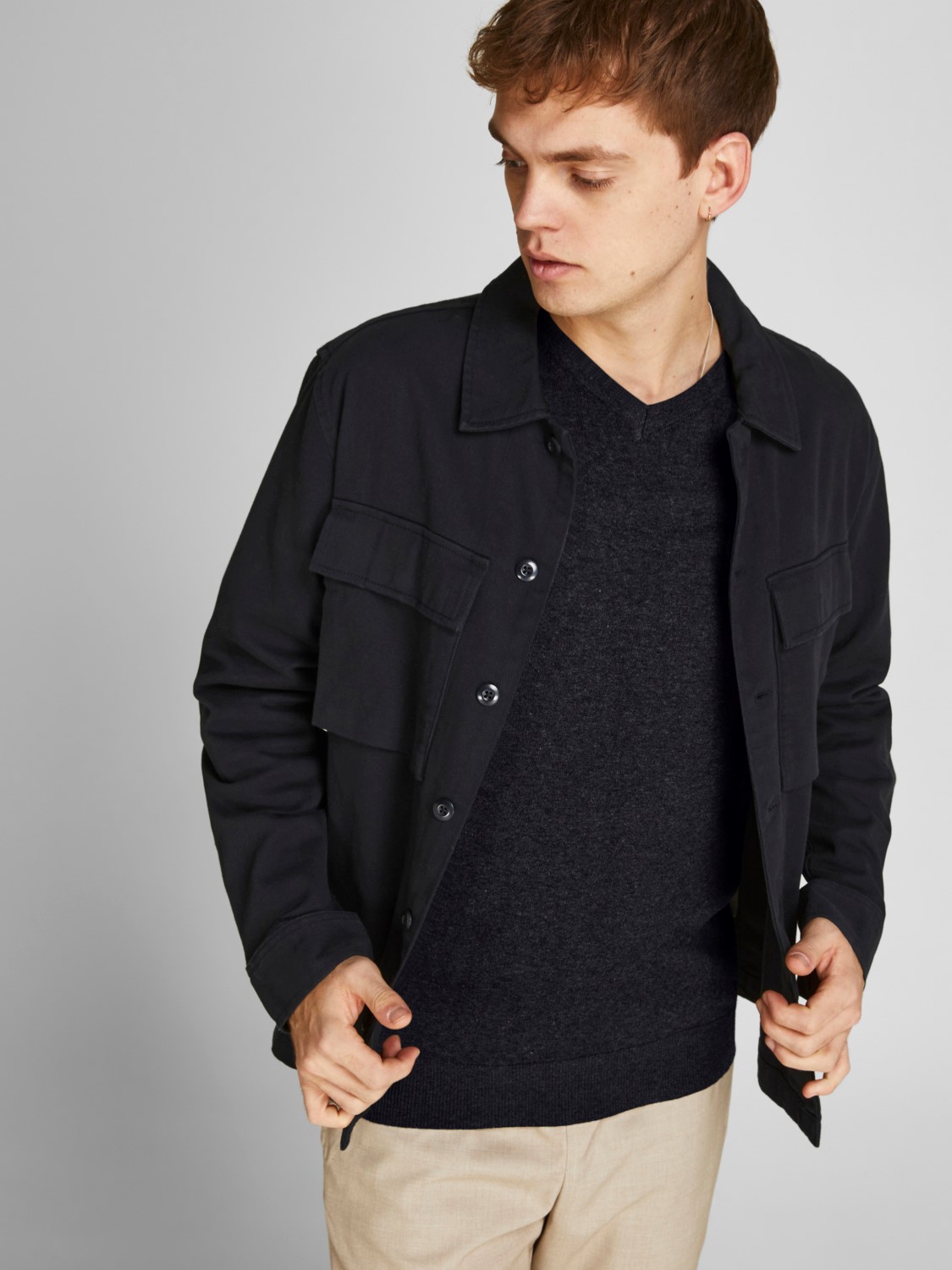 JACK & JONES Emil knit v-neck slim fit, heren pullover viscosemengsel met V-hals, zwart