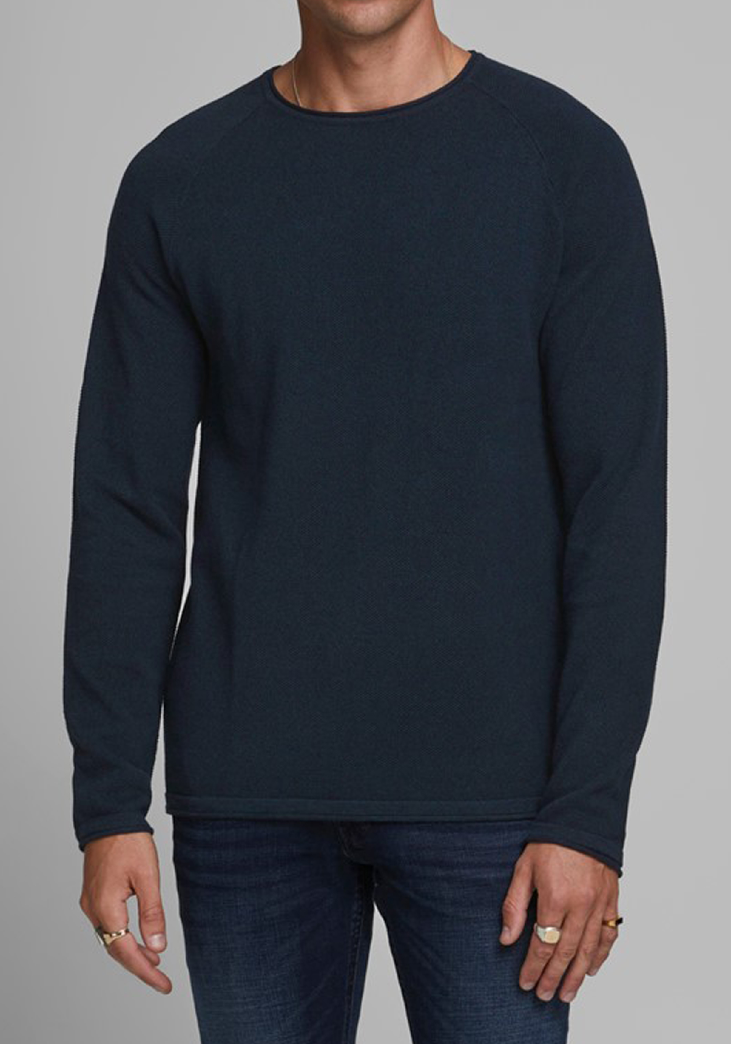 JACK & JONES slim fit trui katoen, O-hals, donkerblauw
