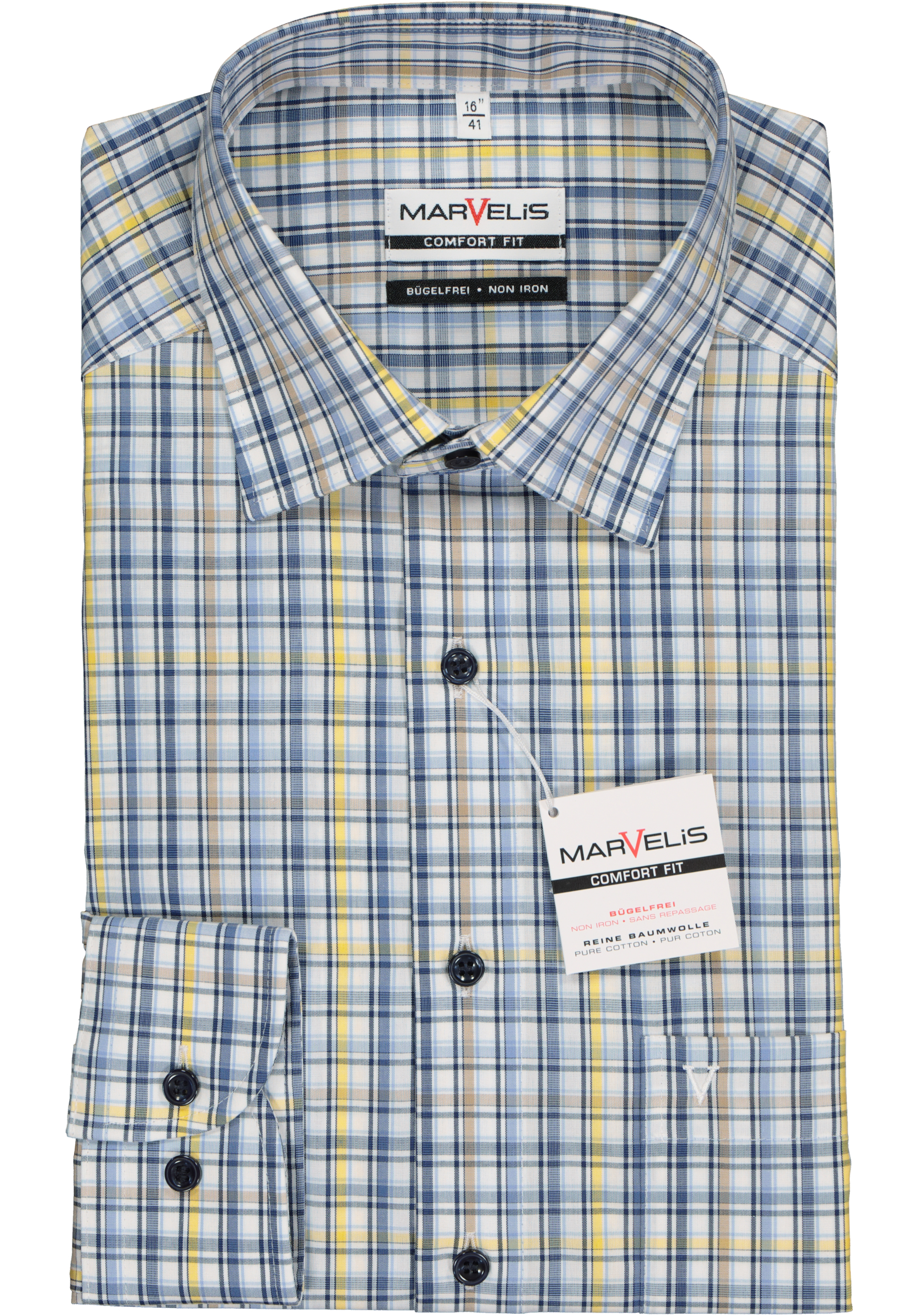 MARVELIS comfort fit overhemd, popeline, wit, blauw, beige en geel geruit
