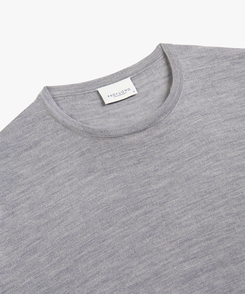 Profuomo heren trui wol, slim fit trui met O-hals, grijs
