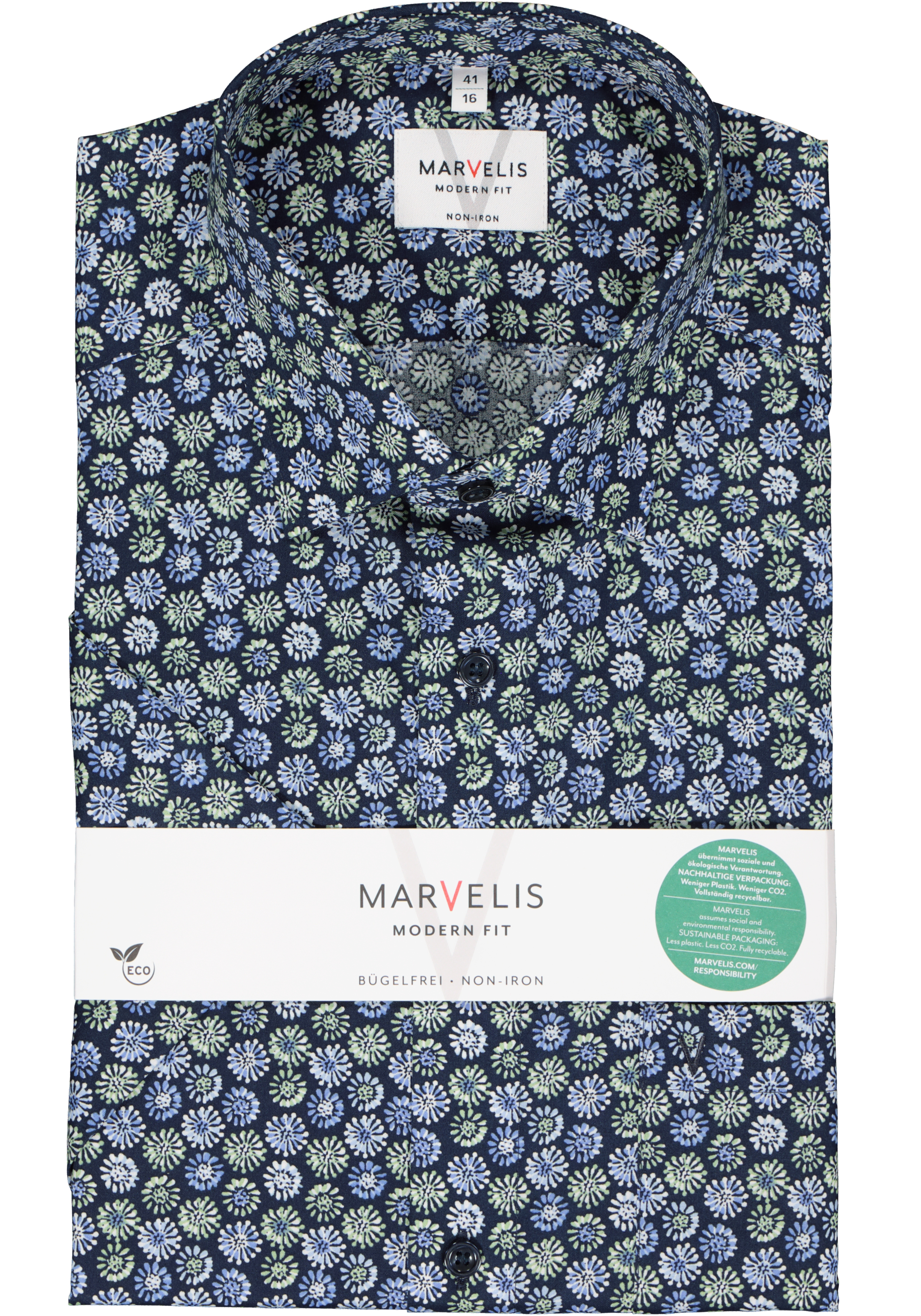 MARVELIS modern fit overhemd, korte mouw, popeline, blauw met groen en wit dessin