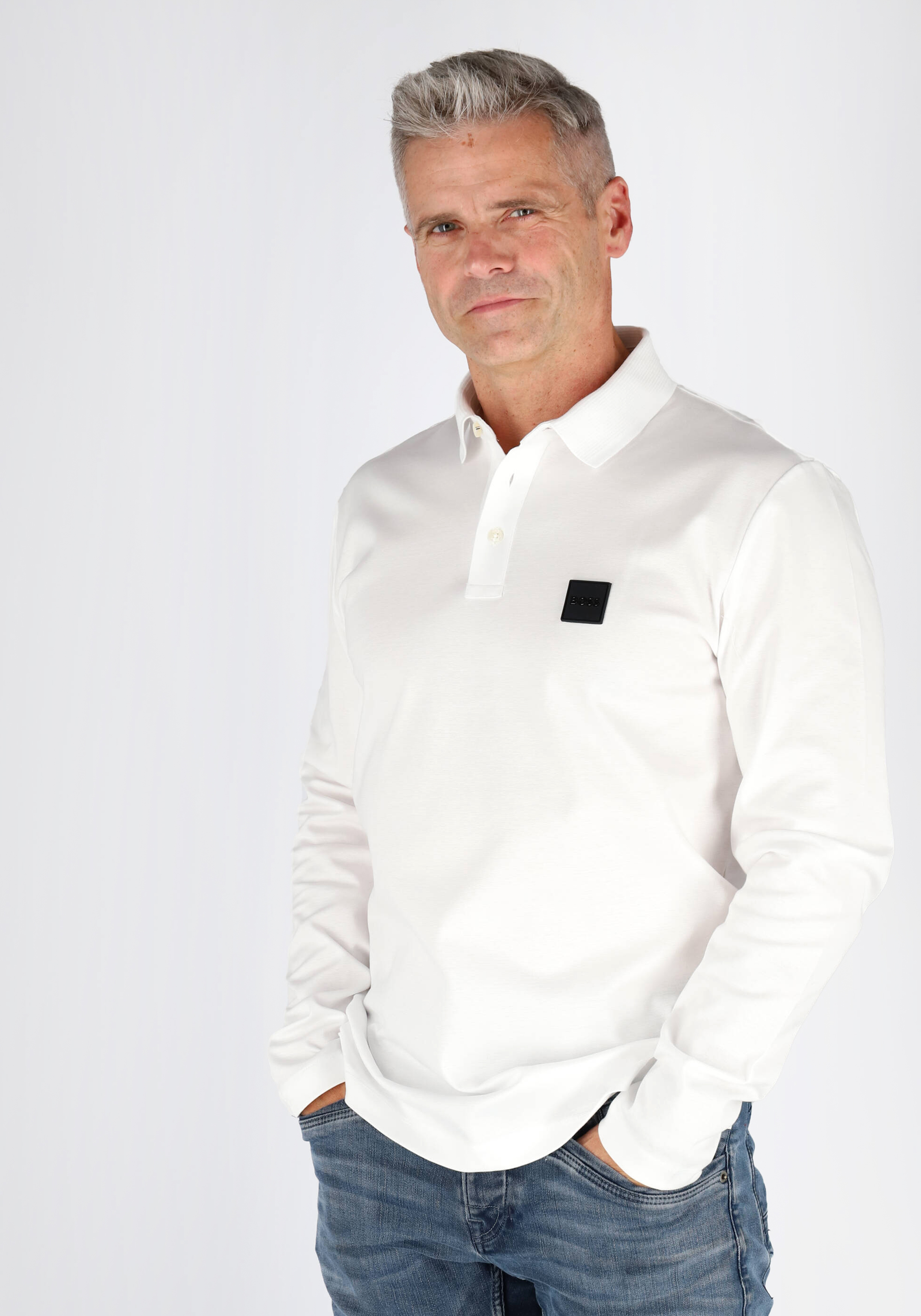 BOSS Pado regular fit polo lange mouw, jersey, wit