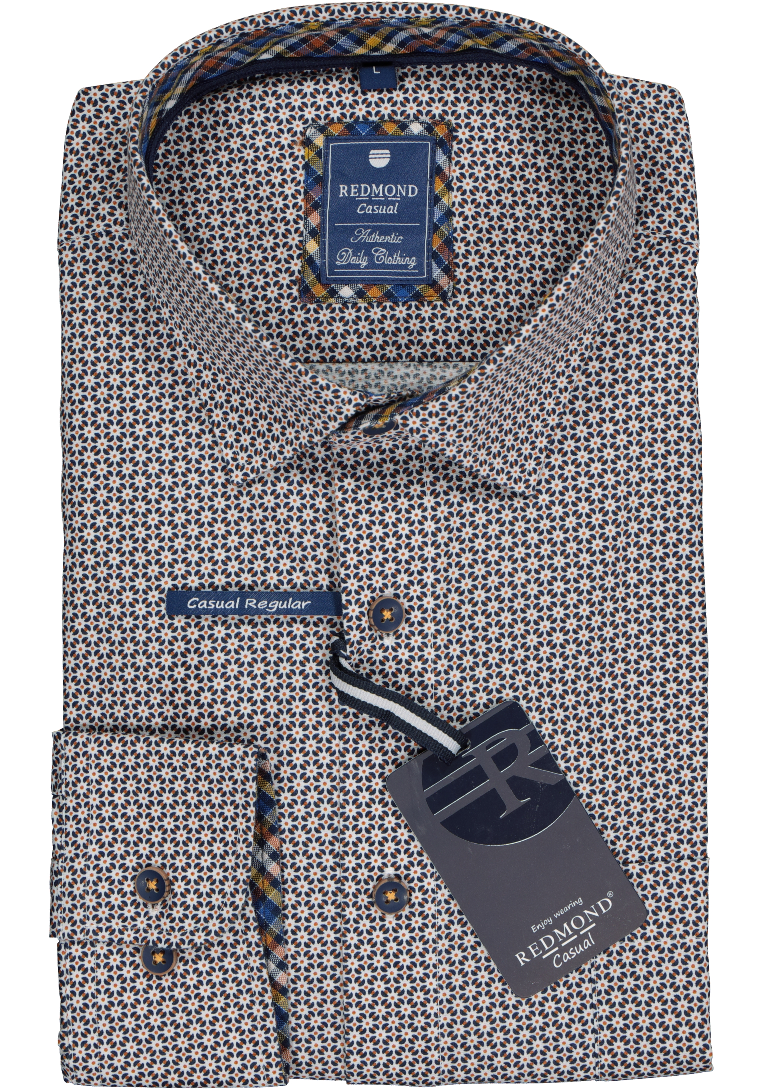 Redmond regular fit overhemd, poplin, wit met blauw en bruin dessin (contrast)